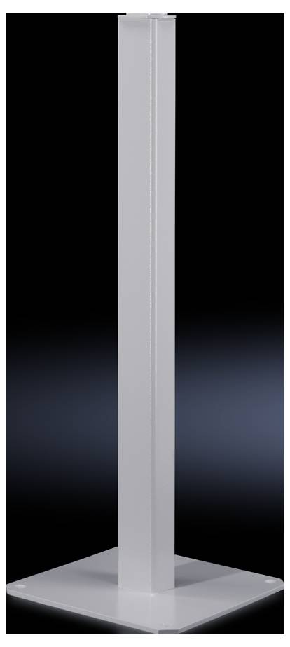 Metallischer, quadratischer Standfuß auf dunklem Hintergrund. Geeignet für Beschilderungen oder Halterungen.