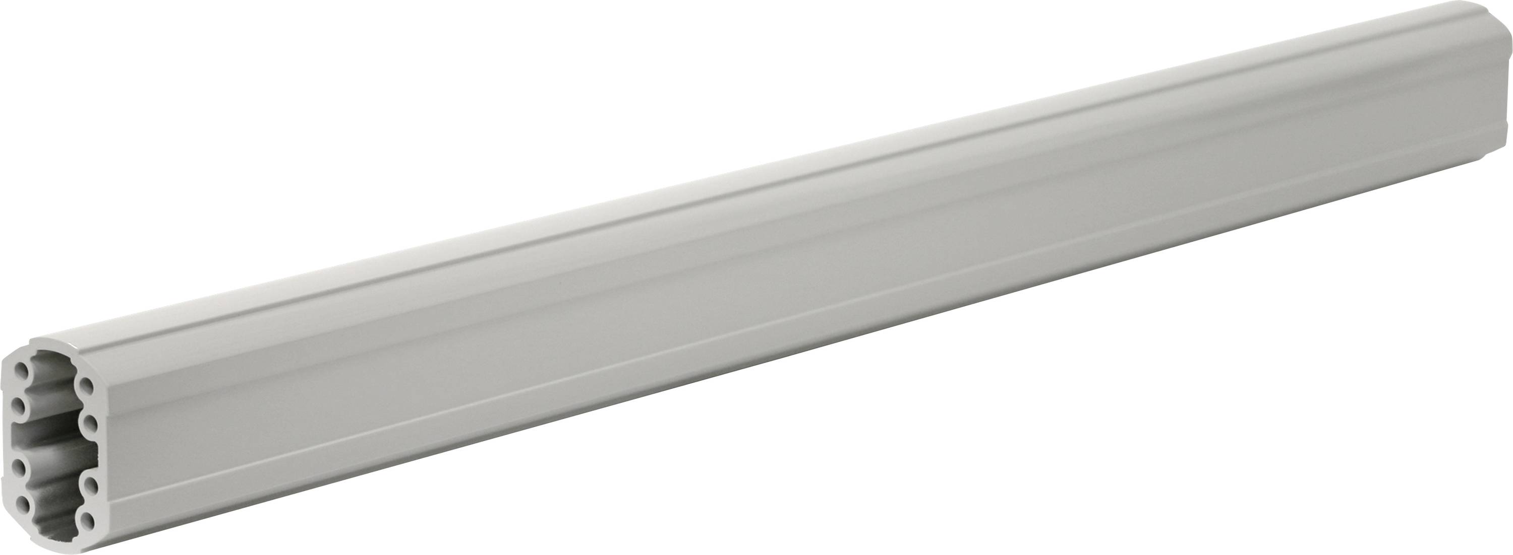 Ein graues, sechseckiges Kunststoffrohr mit offener Struktur an einem Ende, oft in Baukästen verwendet.