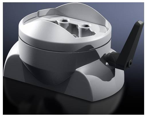 Graues, mechanisches Bauteil mit zwei kreisförmigen Öffnungen oben und einem seitlichen Hebel, möglicherweise ein technisches Geräteteil.