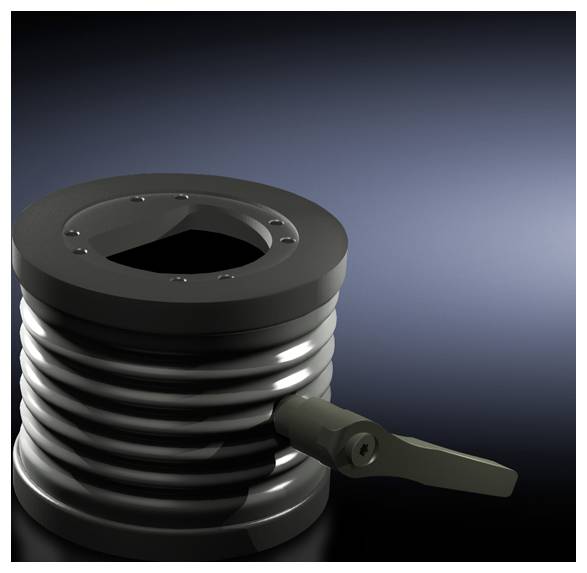 Runder Metallzylinder mit geripptem Design und Hebel an der Seite, vor einem dunkelblauen Hintergrund, technisch oder industriell anmutend.