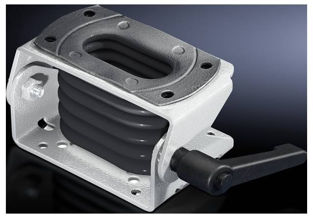 Industriegerät mit schwarzem Gummifaltenbalg und Handhebel an der Seite, auf dunklem Hintergrund. Hauptsächlich rechteckig.