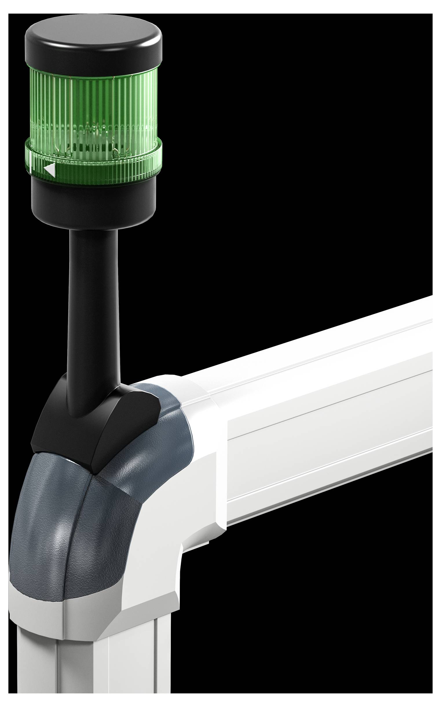 Eine grüne Signalleuchte auf einem schwarz-weißen Rahmengerüst, möglicherweise zur Anzeige des Betriebszustands eines Geräts.