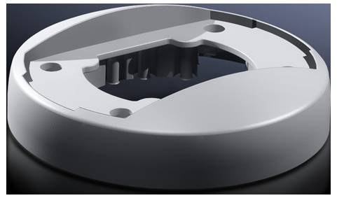 Runde, graue Metallhalterung mit mehreren Schraublöchern und Verzahnungen, vermutlich für die Befestigung oder Montage von Teilen.