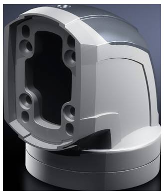 Silbernes, geometrisch geformtes Objekt mit runden Kanten und mehreren Löchern, möglicherweise ein technisches Bauteil.