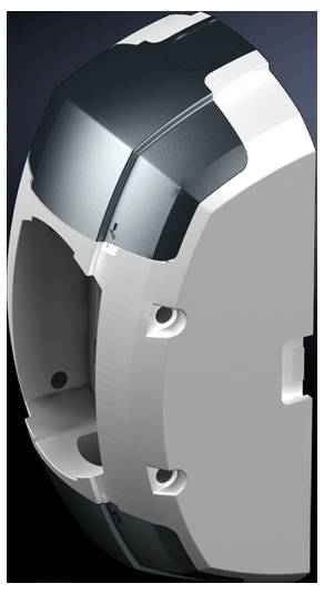 Graues und schwarzes gebogenes Kunststoffteil, möglicherweise Teil eines technischen Geräts oder Gehäuses, mit mehreren Aussparungen.