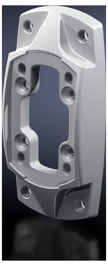 Metallplatte mit mehreren Schraubenlöchern, symmetrisches Design, reflektierende Oberfläche, wahrscheinlich Teil eines mechanischen Geräts.