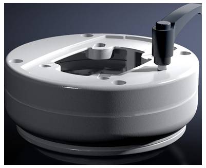 Gerät in runder Form, vermutlich Teil einer technischen Maschine oder Apparatur, mit einem Arm, der sich in eine Öffnung erstreckt.