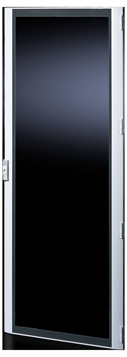 Schwarze Glastür mit silbernem Rahmen, die leicht geöffnet ist, zeigt eine moderne und minimalistische Designästhetik.