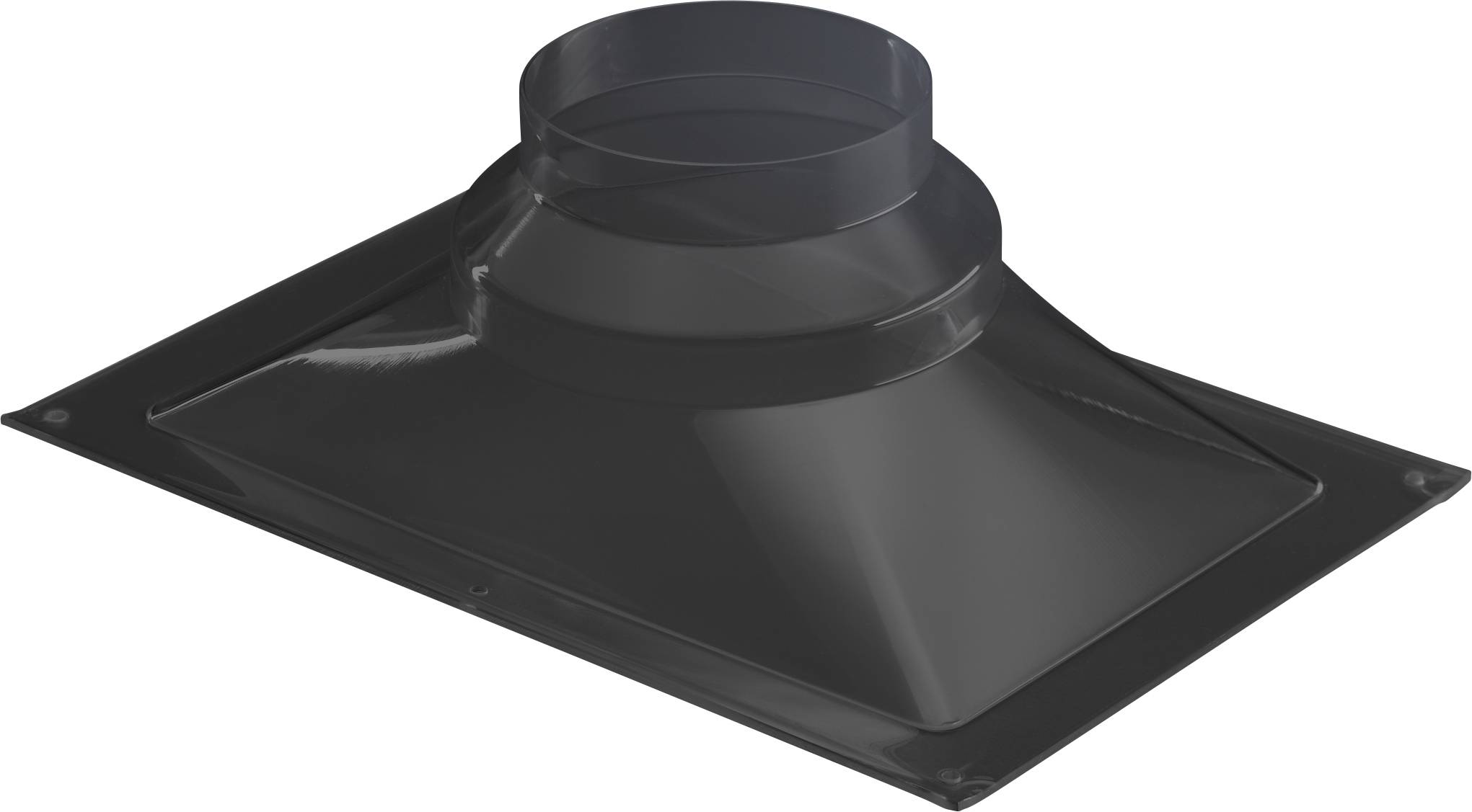 Ein schwarzes Dacheinbauteil mit abgerundetem Anschluss, wahrscheinlich für Lüftungs- oder Abgasrohrinstallationen.