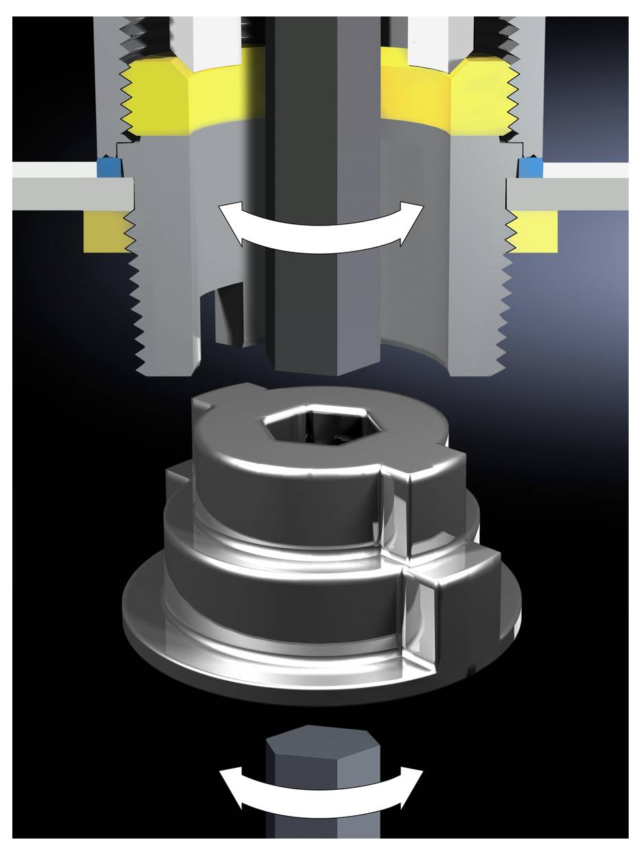 Eine schematische Darstellung zeigt einen mechanischen Schraubmechanismus. Schwenkende Pfeile veranschaulichen die Drehrichtung.