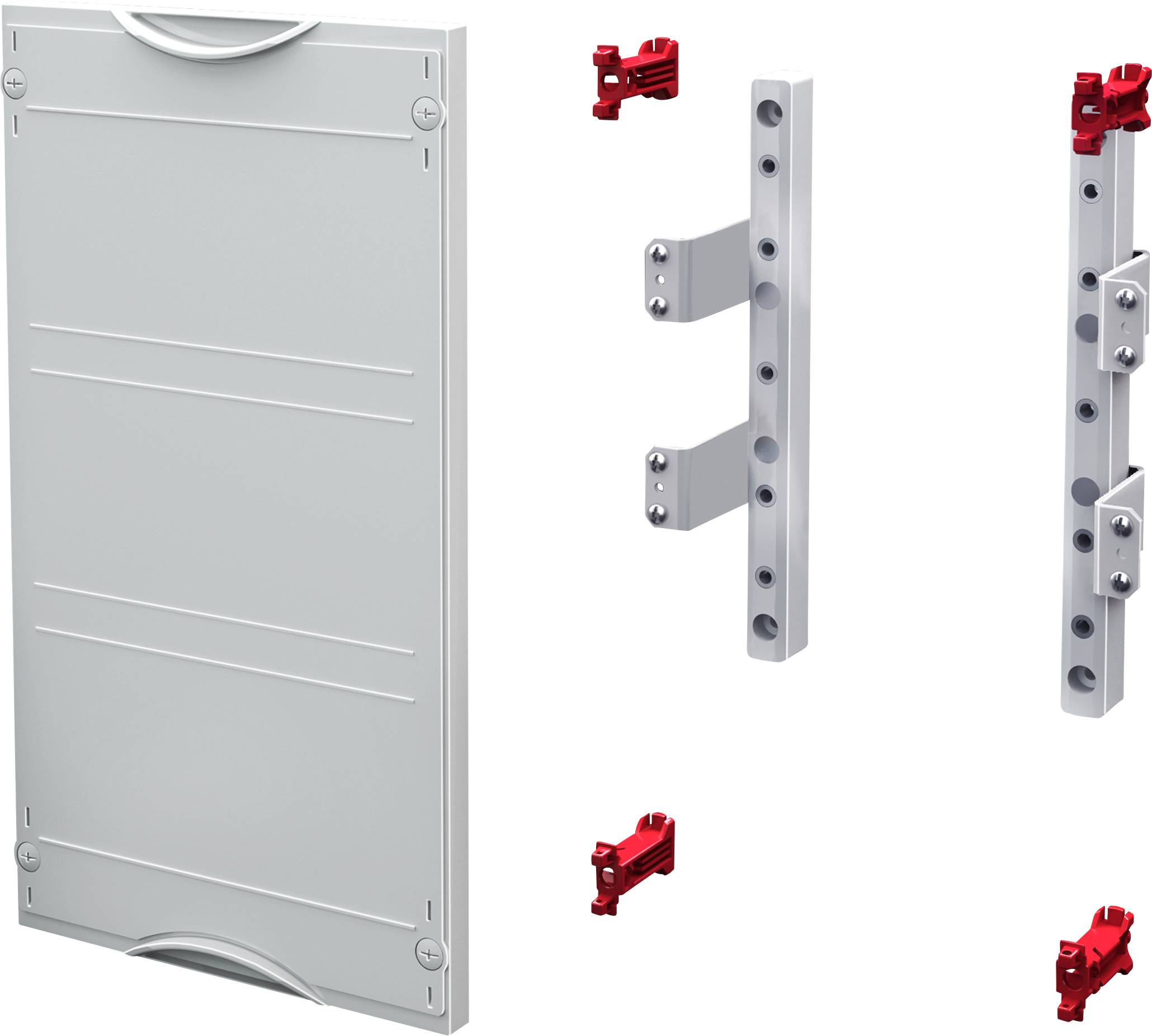 Metallschiene mit roten Befestigungsklammern, linken oder rechten Anschlussoptionen. Ideal für den modularen Aufbau von Displaysystemen.