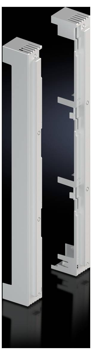 Zwei weiße, vertikale Metallgehäuseteile mit Haken und Öffnungen vor schwarzem Hintergrund. Sie sind zur Verbindung gedacht.