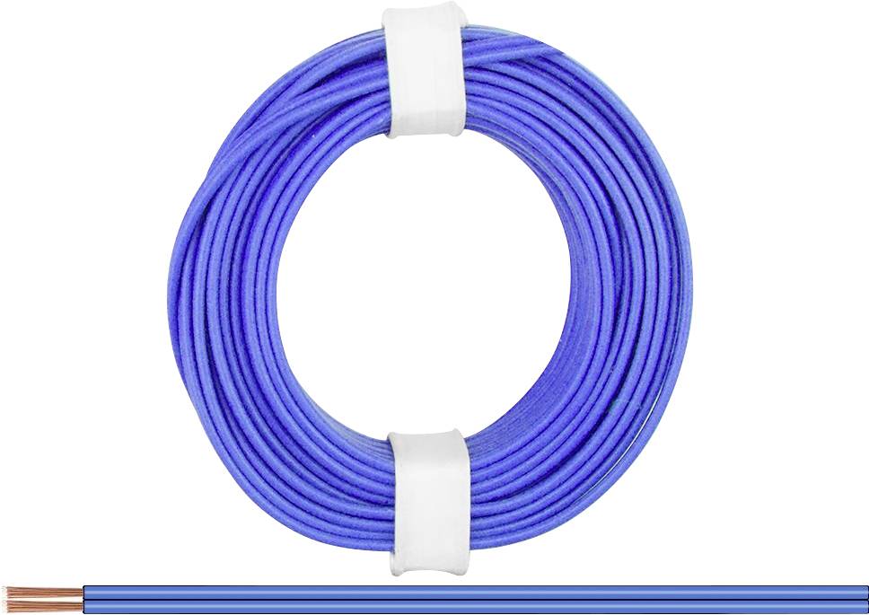 Blaues Kabel, zu einem Kreis gerollt, mit Kupferdrähten sichtbar am Ende.