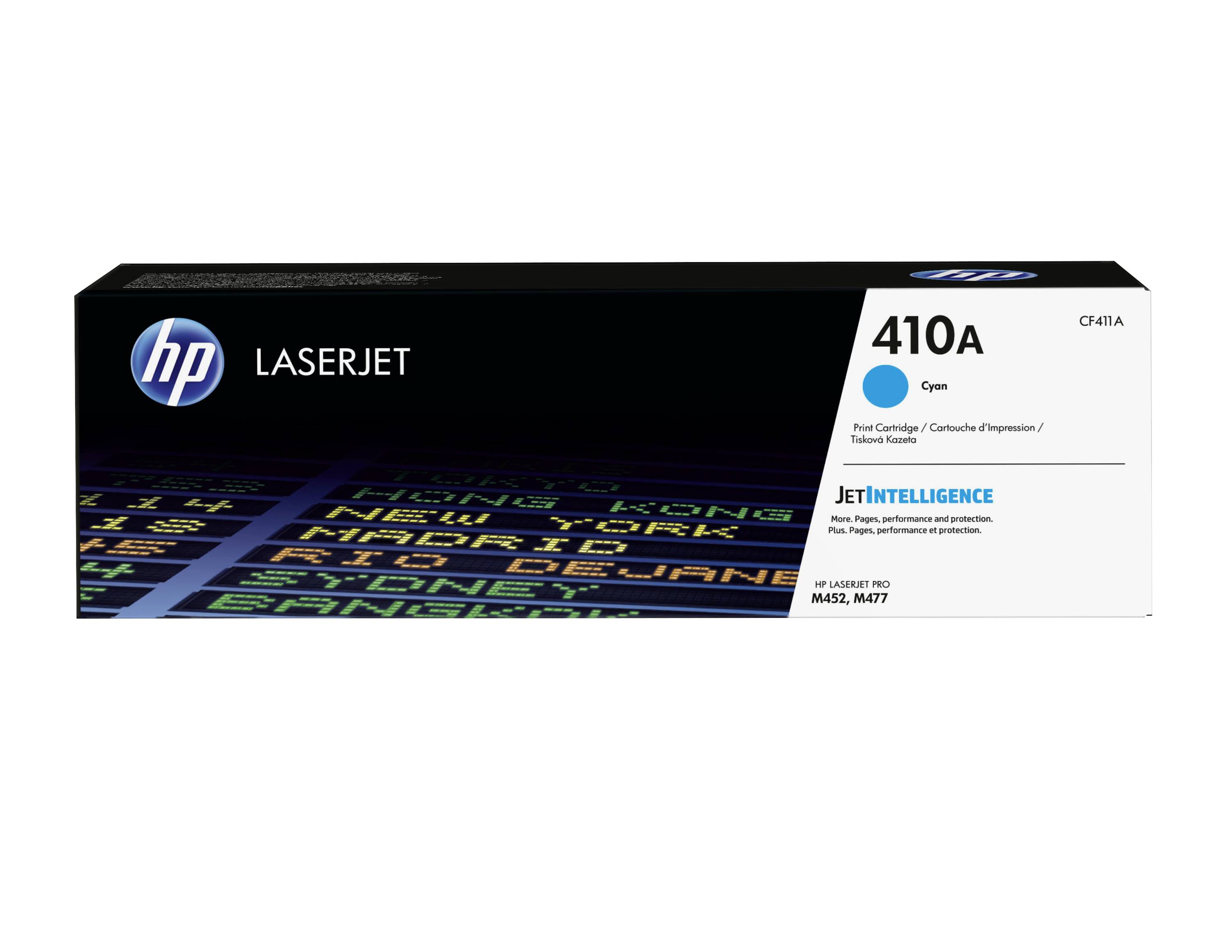 HP LaserJet 410A Cyan-Tonerkartusche in einer Schachtel auf weißem Hintergrund, gekennzeichnet mit „JetIntelligence