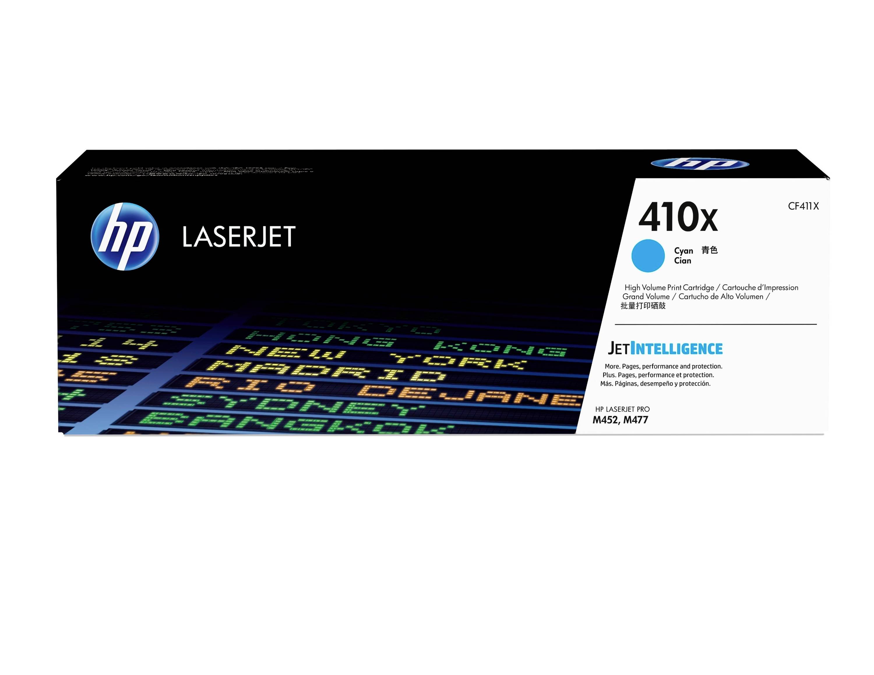 HP LaserJet 410X Cyan-Tonerpatronenschachtel, Modell CF411X, mit JetIntelligence-Branding.