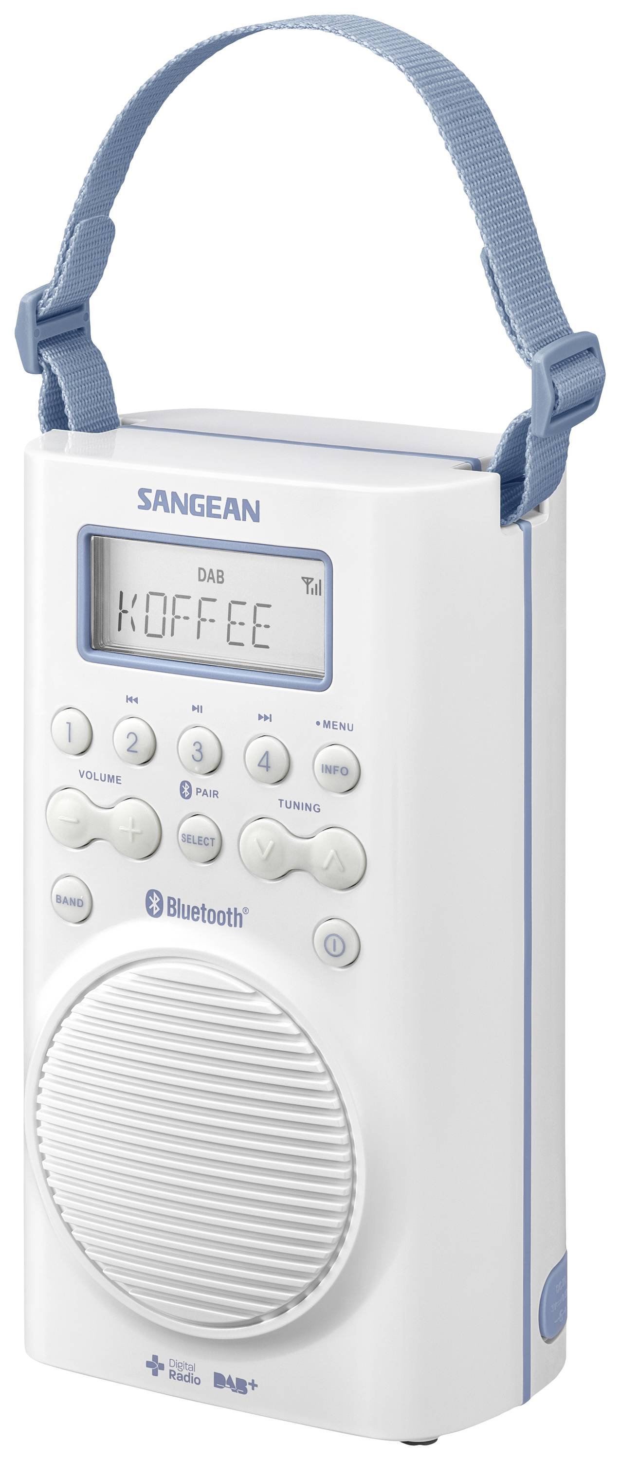 Ein tragbares Radio mit Tragegurt, zeigt 'KOFFEE' auf dem Display. Enthält Knöpfe für Lautstärke, Senderwahl, Bluetooth und Power.