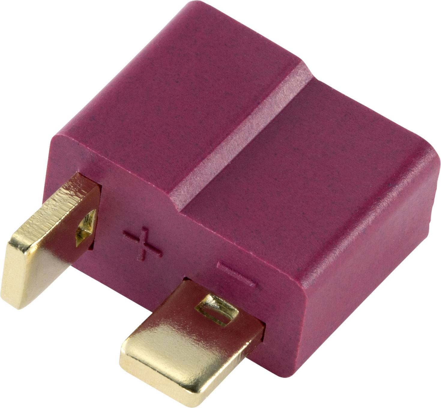 Ein rot-goldener Steckverbinder mit positivem und negativem Symbol für elektrische Verbindungen.