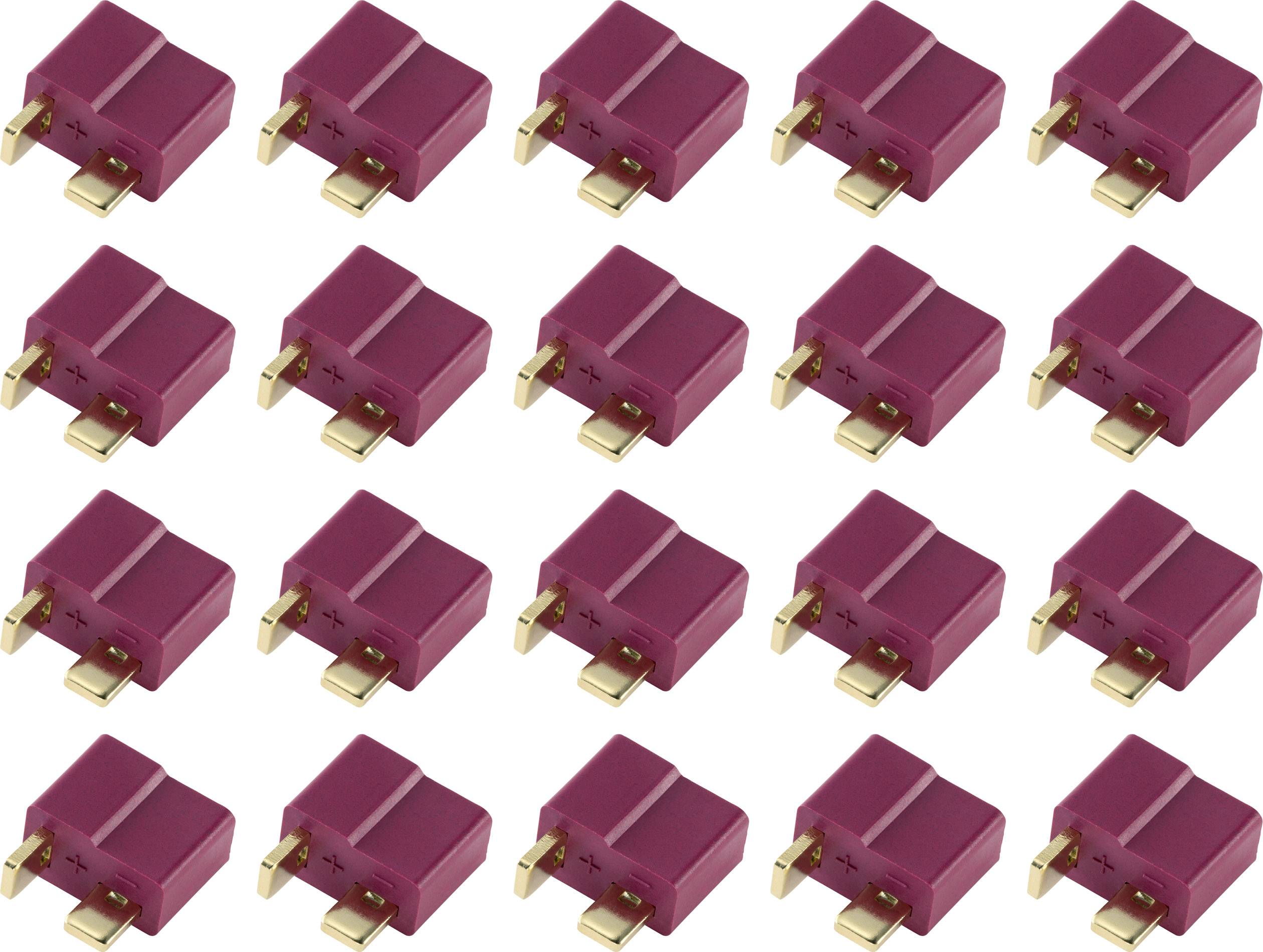 Mehrere rote Steckverbinder mit goldenen Kontakten, gleichmäßig in einem Raster angeordnet.