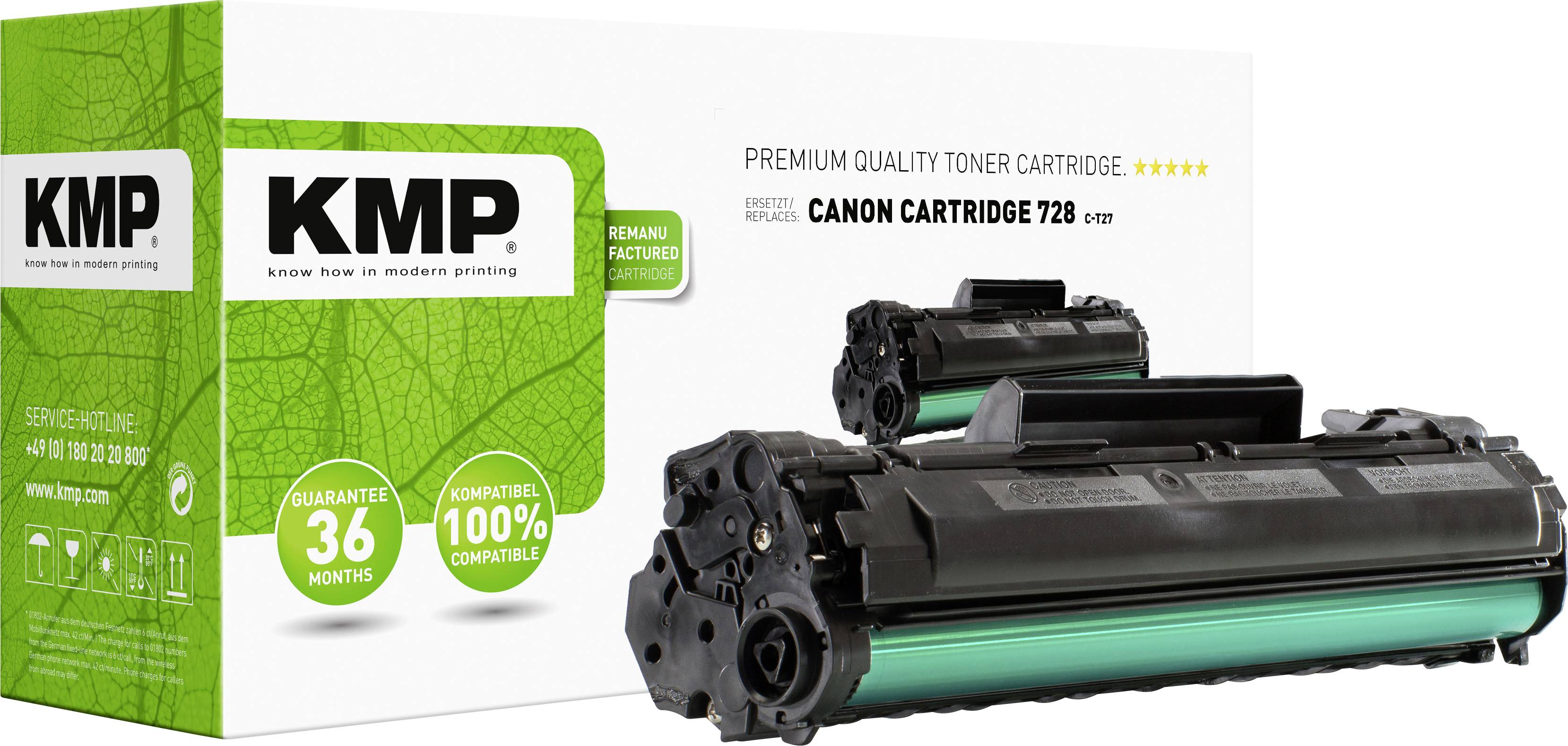 Tonerpatrone KMP für Canon Drucker 728 in Verpackung. 36 Monate Garantie, 100% kompatibel. Premiumqualität, grüne Kartusche.