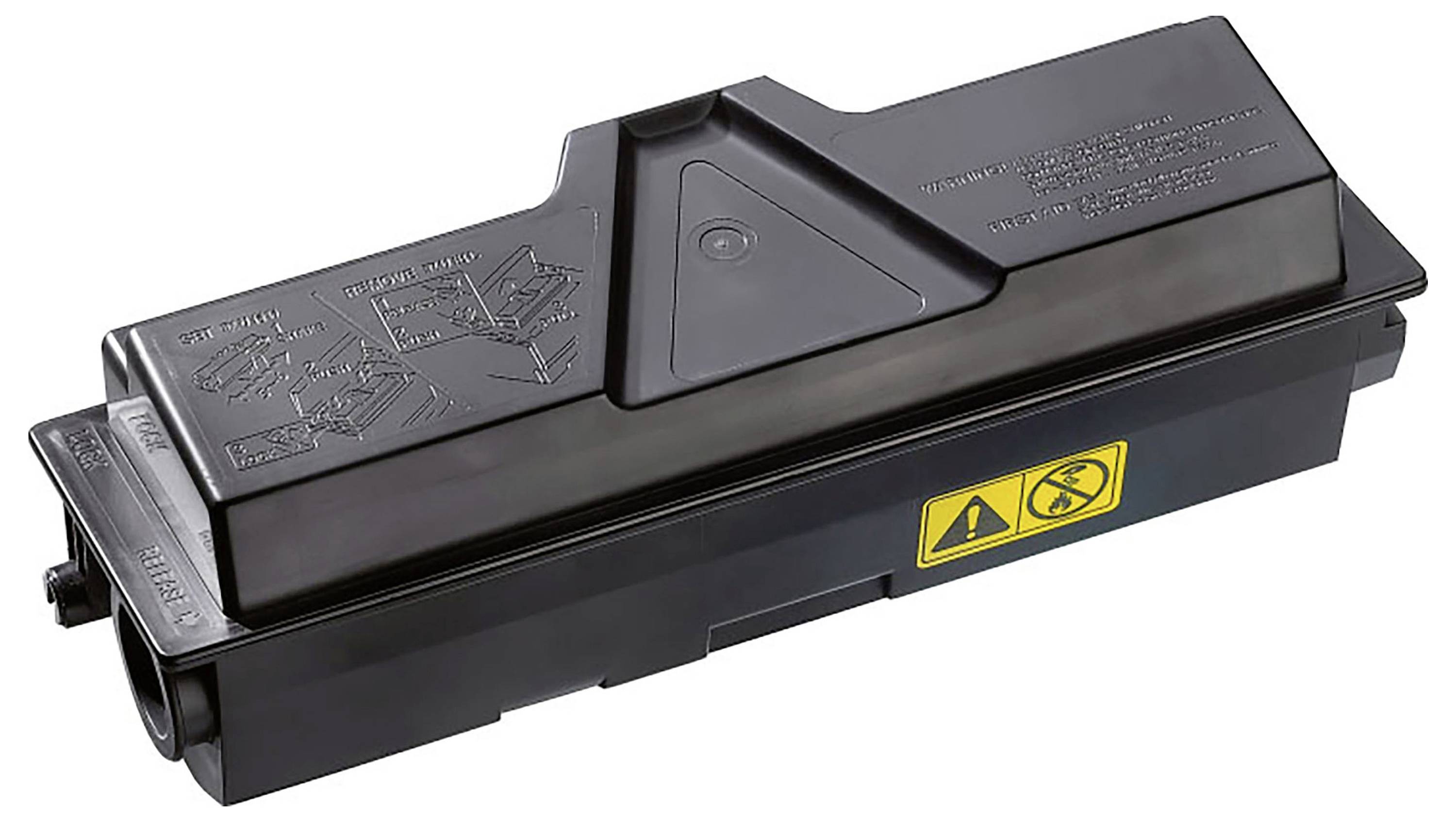 Schwarze Druckertonerkassette mit Warnhinweis, isoliert auf weißem Hintergrund dargestellt.