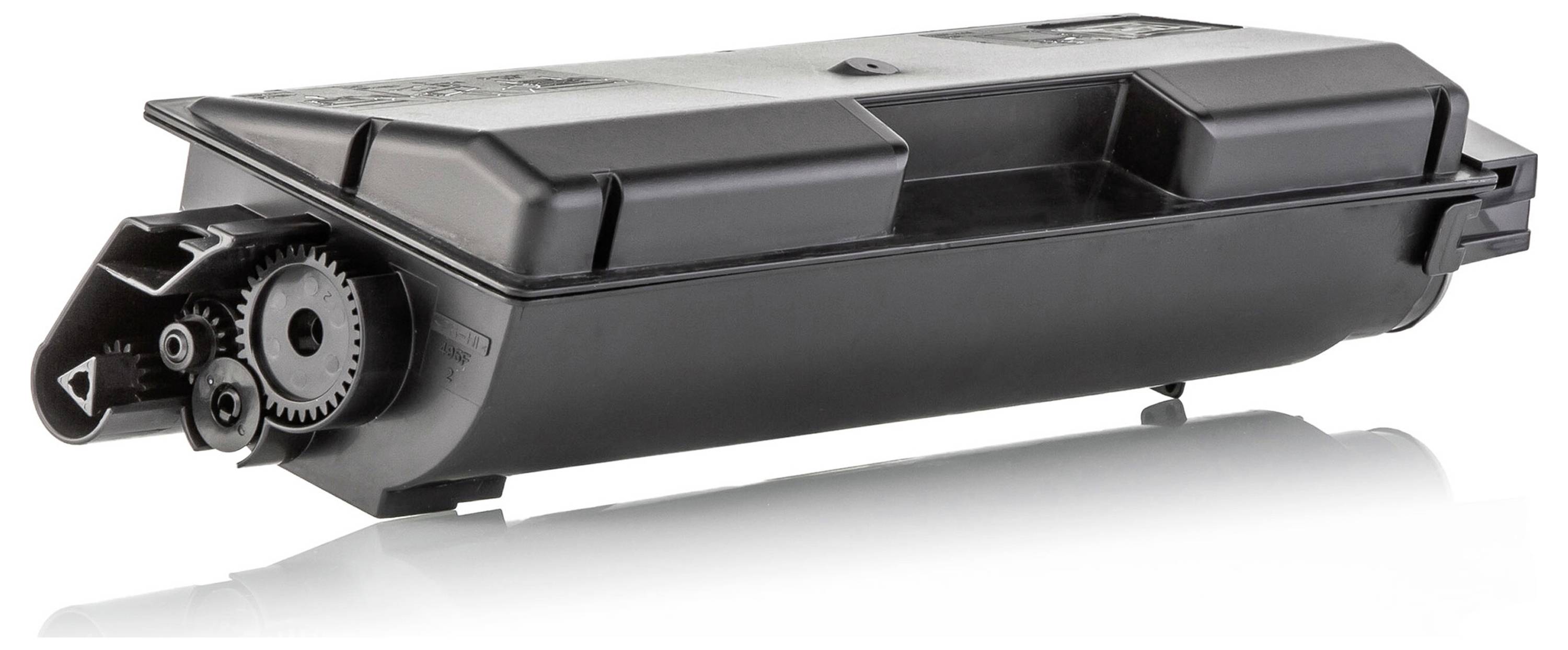 Schwarze Druckertonerkassette mit freiliegentem Zahnradgetriebe auf weißem Hintergrund, in schräger Seitenansicht dargestellt.