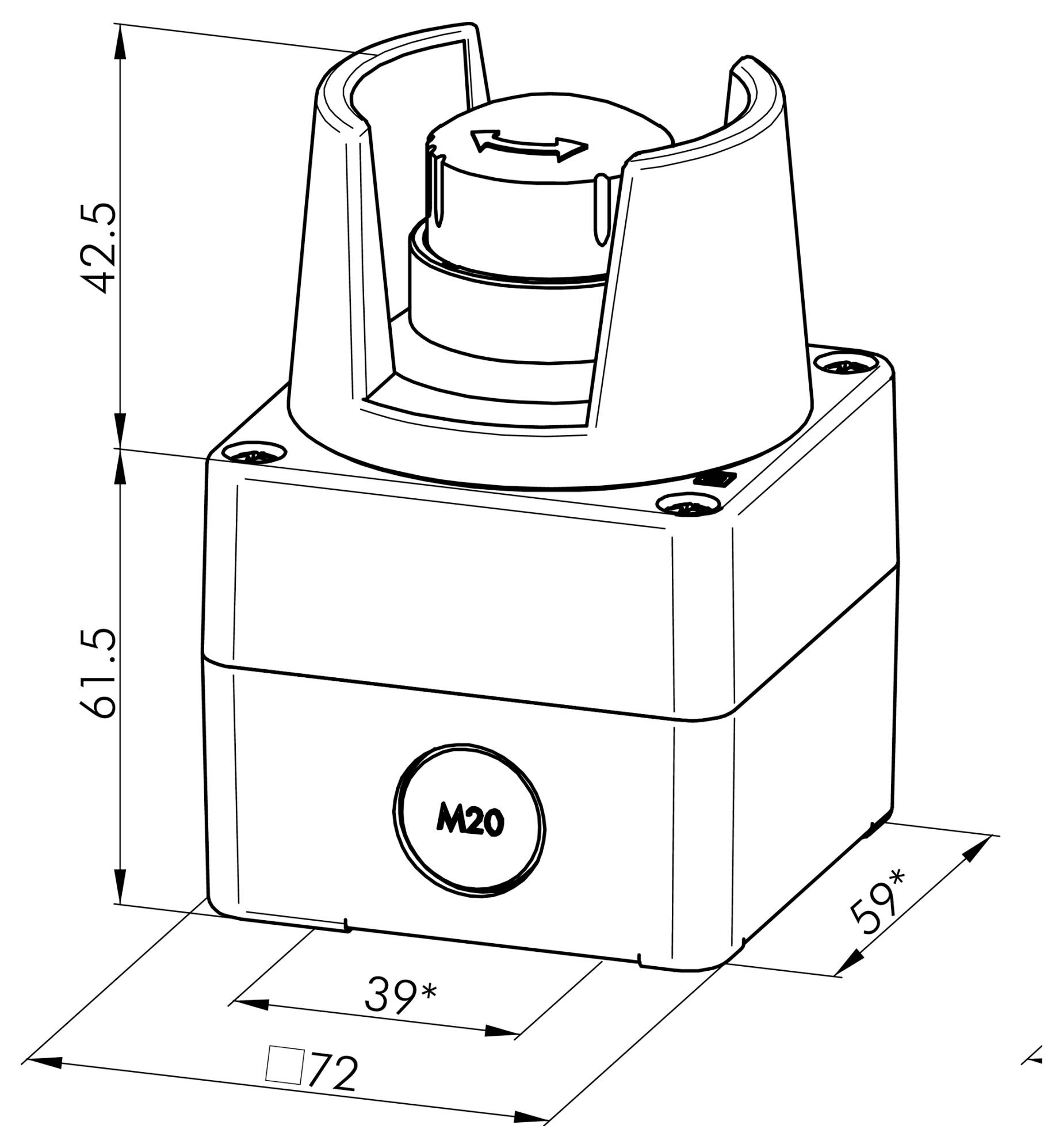 Technische Strichzeichnung eines kompakten M20-Geräts mit Abmessungen von 72 x 59 x 61,5 mm und einem oberen Abschnitt von 42,5 mm.