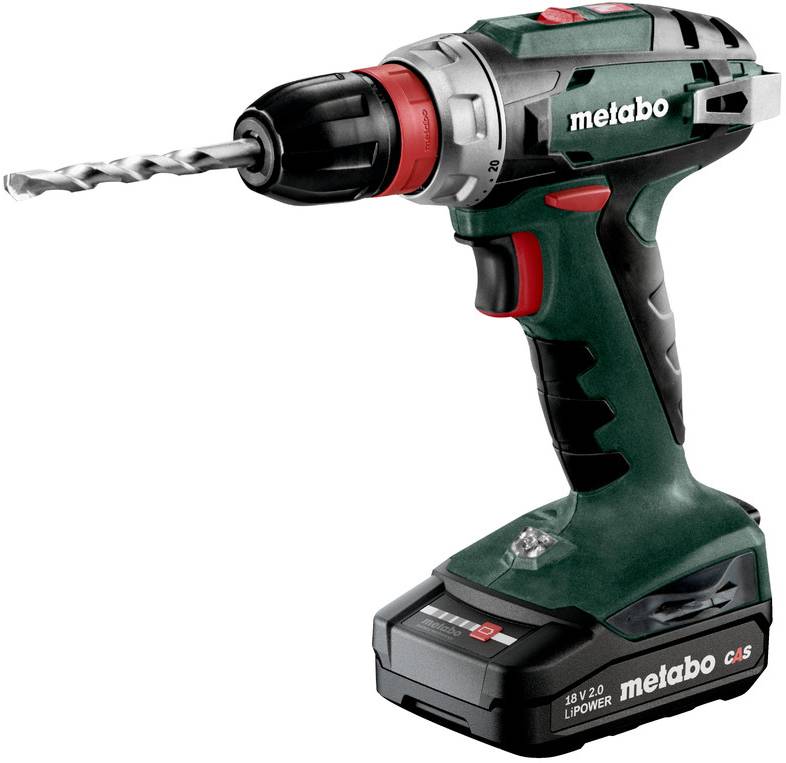 Kabellose Metabo-Bohrmaschine mit Bohraufsatz auf weißem Hintergrund.