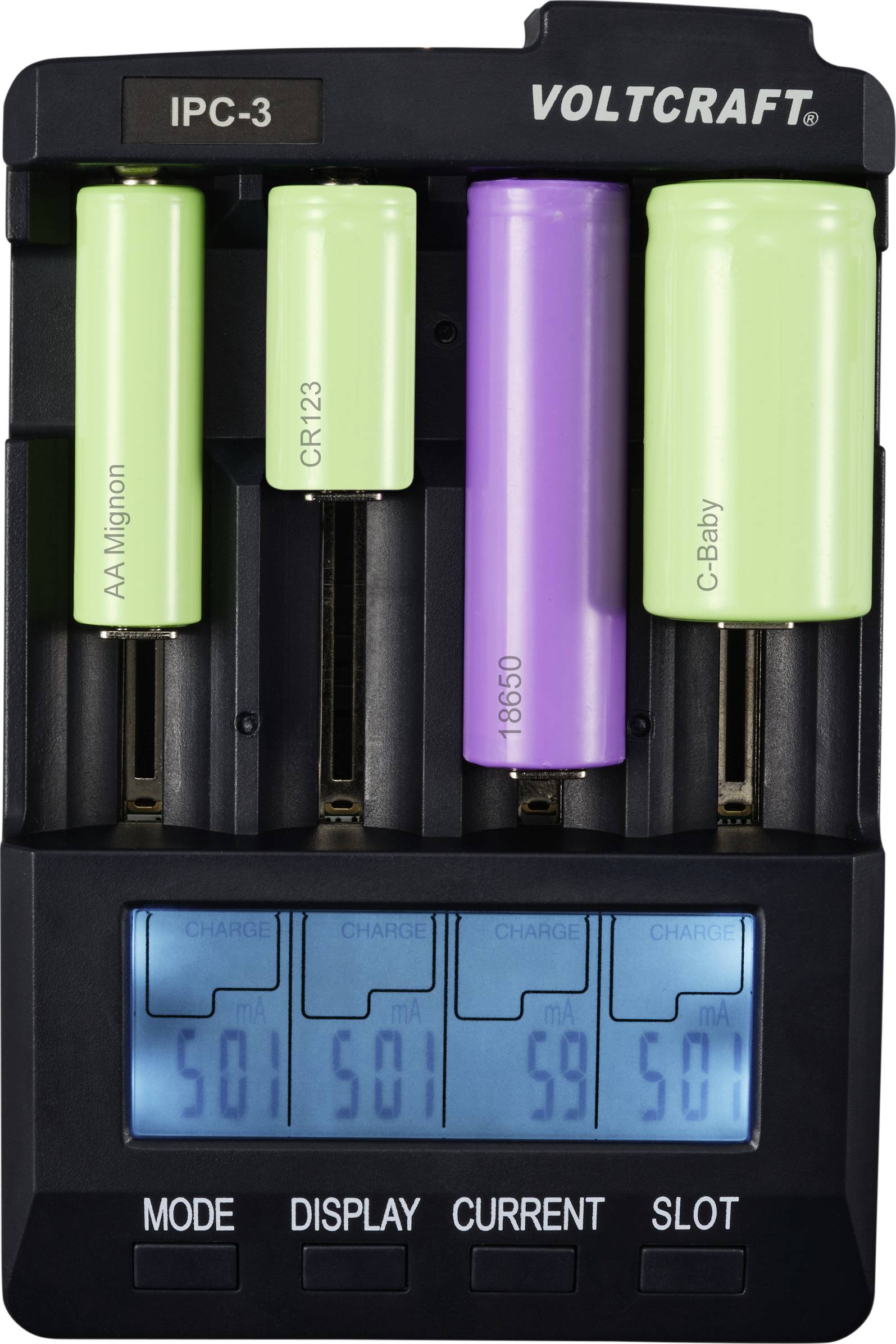 Batterieladegerät mit vier verschiedenen Batterien. Digitalanzeige zeigt Ladeparameter wie Modus, Anzeige, Stromstärke und Steckplatzstatus.