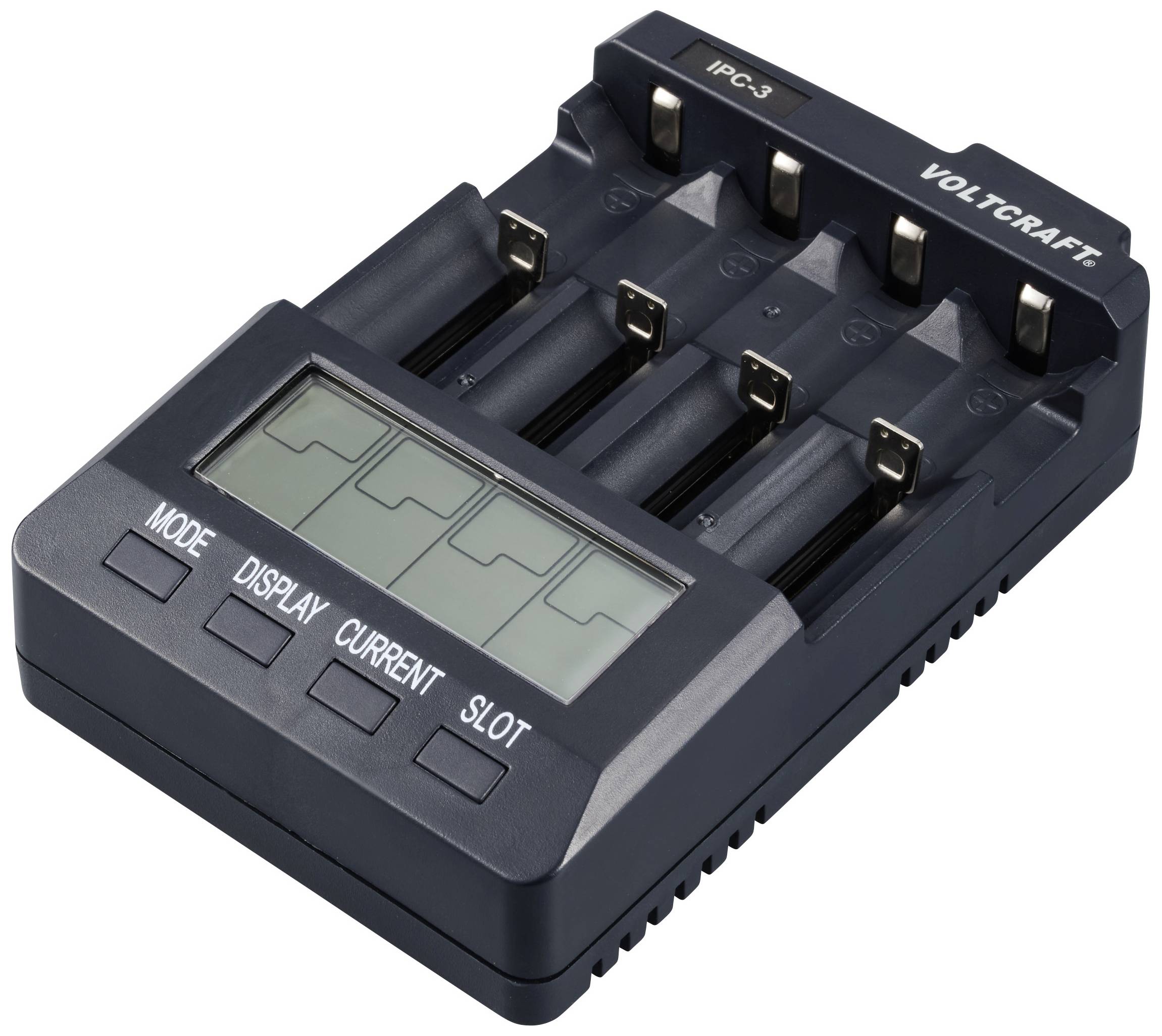Ladegerät mit vier Slots für Batterien, LCD-Anzeige und vier Tasten für 'Mode', 'Display', 'Current' und 'Slot'.
