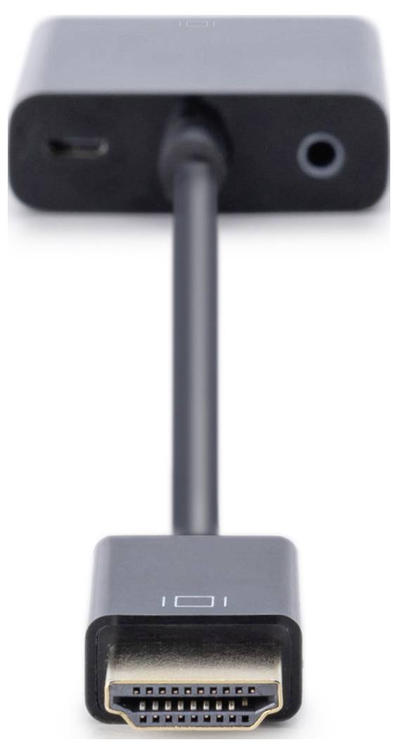 Ein schwarzer HDMI-Adapter mit USB-C- und Audiokabelanschluss.