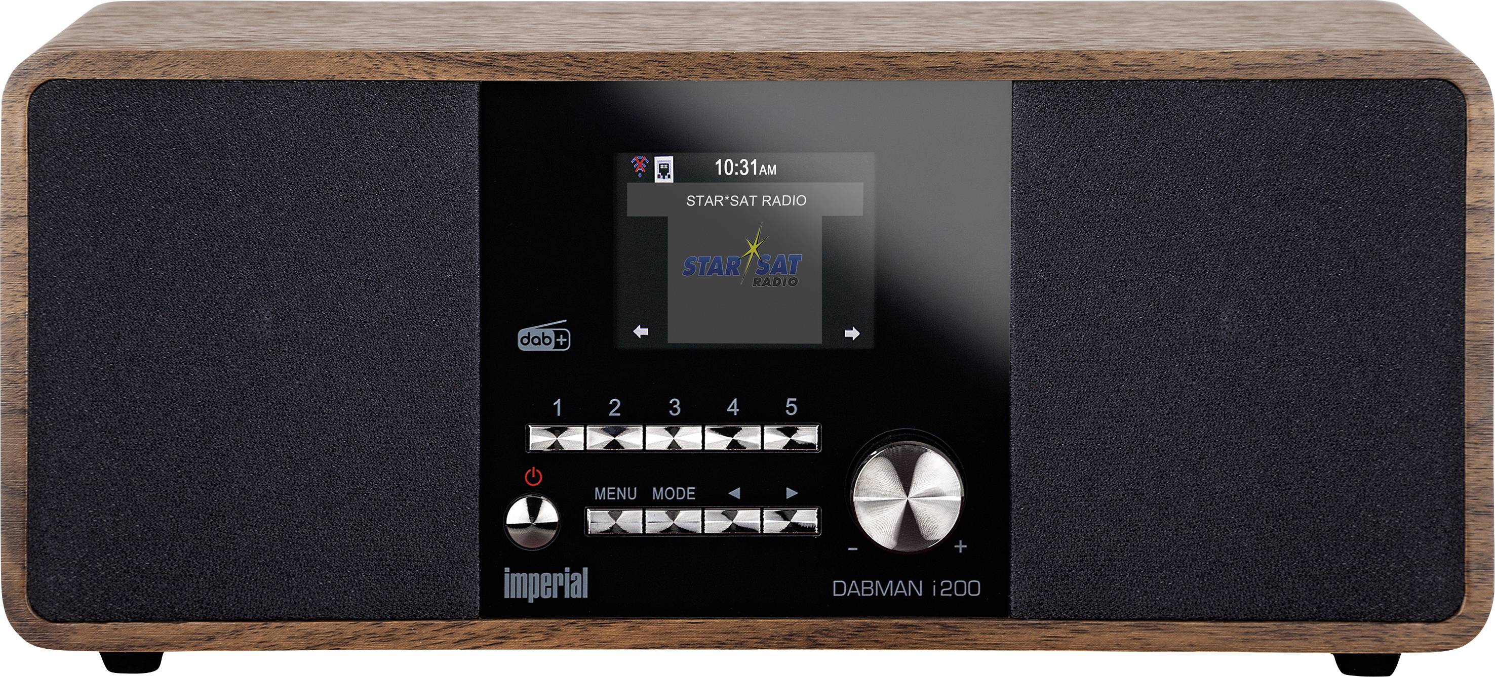 Digitalradio mit holzfarbener Umrandung zeigt 'StarSat Radio' auf Display. Knöpfe und Regler unter dem Display für Senderwahl und Lautstärke.