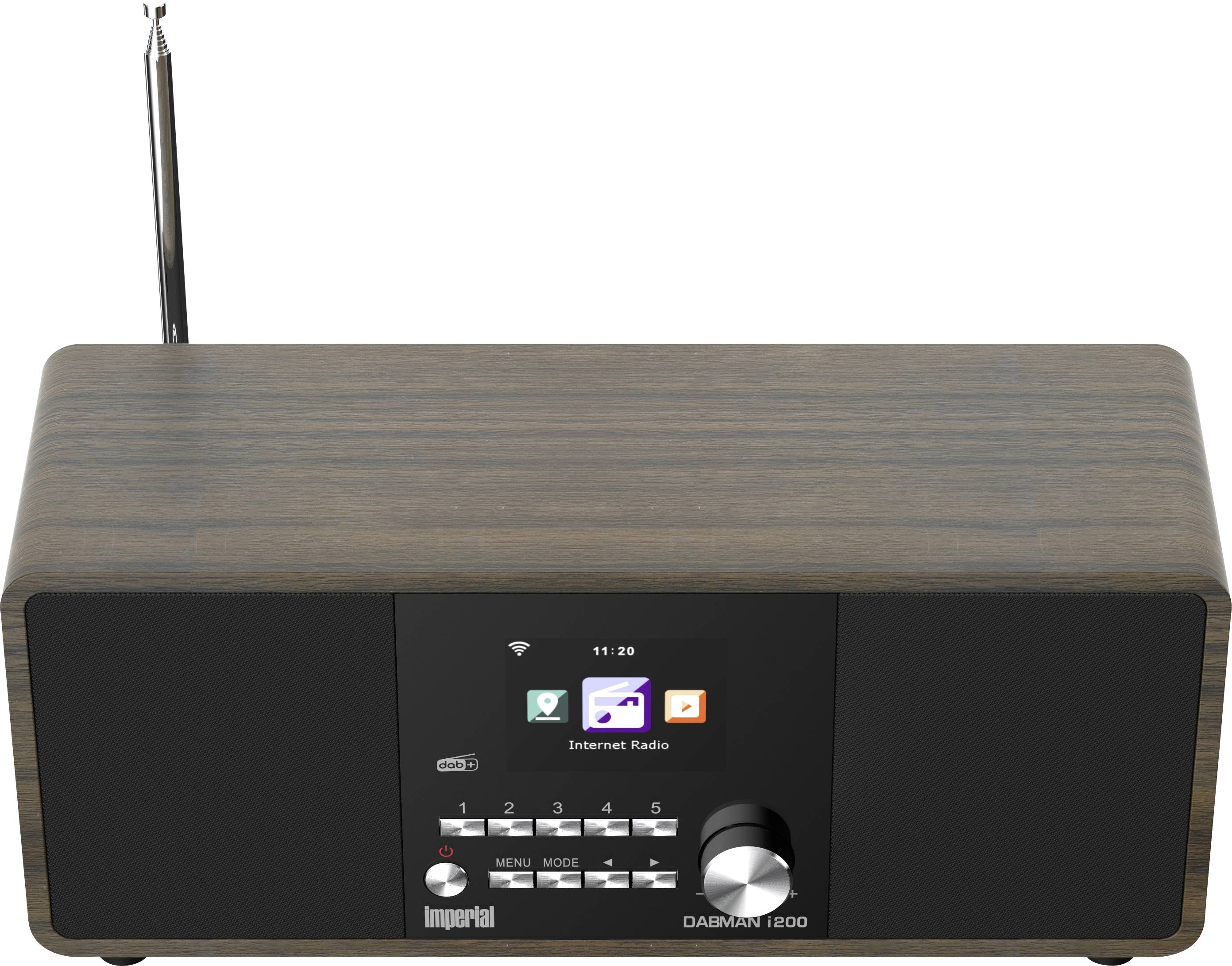 Radio mit Holzfinish, DAB-Empfänger mit Antenne, kleines Farbdisplay, Voreinstellungstasten und großer Abstimmknopf an der Vorderseite.