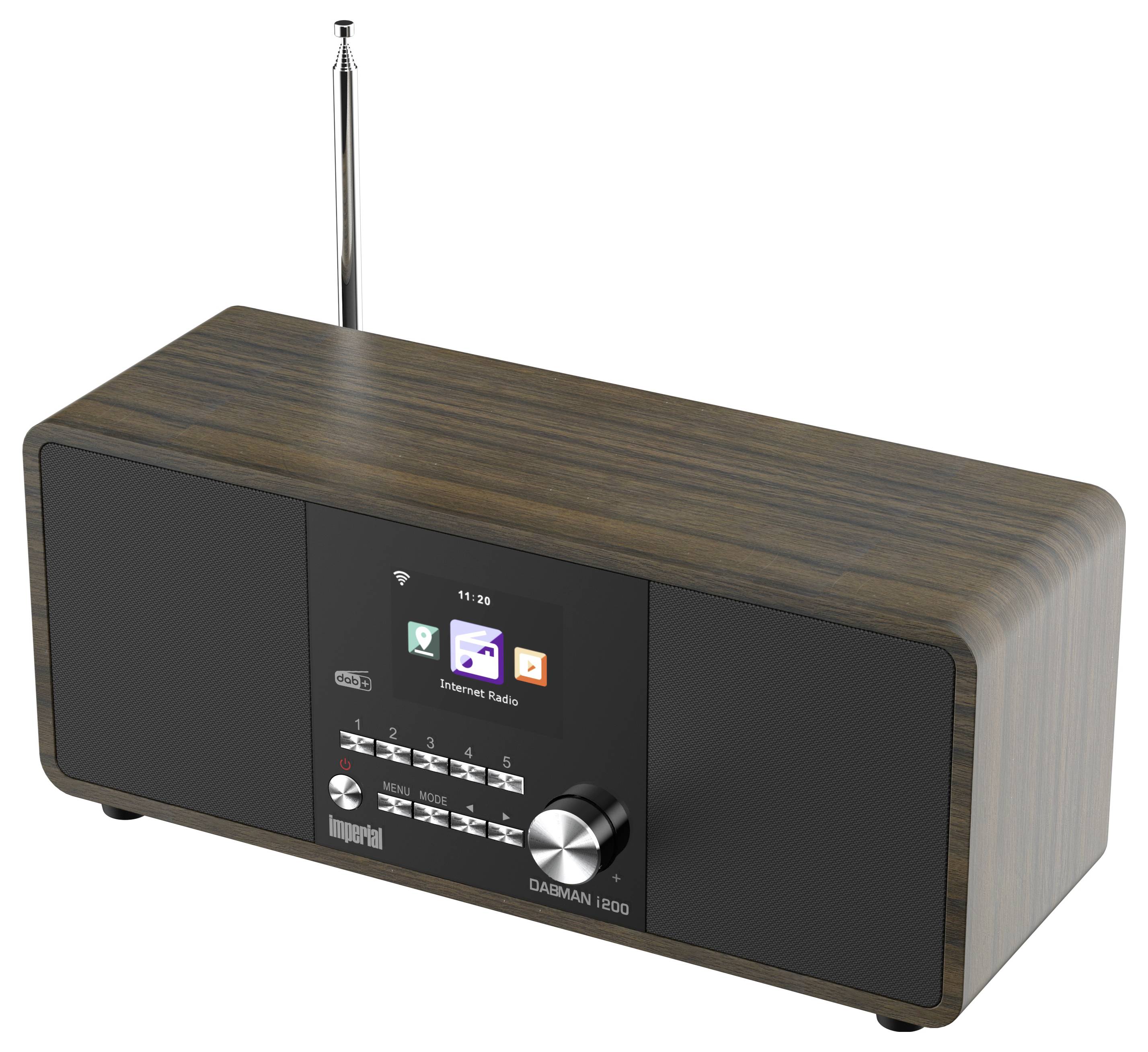 Rückseite eines Holzradios mit Antenne, Netzschalter, LAN-Port, USB, AUX in/out und Stromanschluss. Modell: 'IMPERIAL DABMAN i200'.