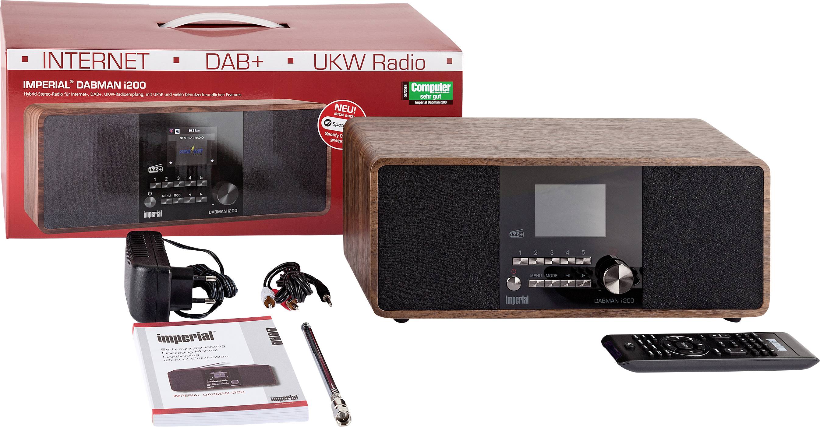 'Imperial Dabman i200' Radio mit Holzverkleidung, Fernbedienung, Antenne und Kabeln. Verpackung im Hintergrund.