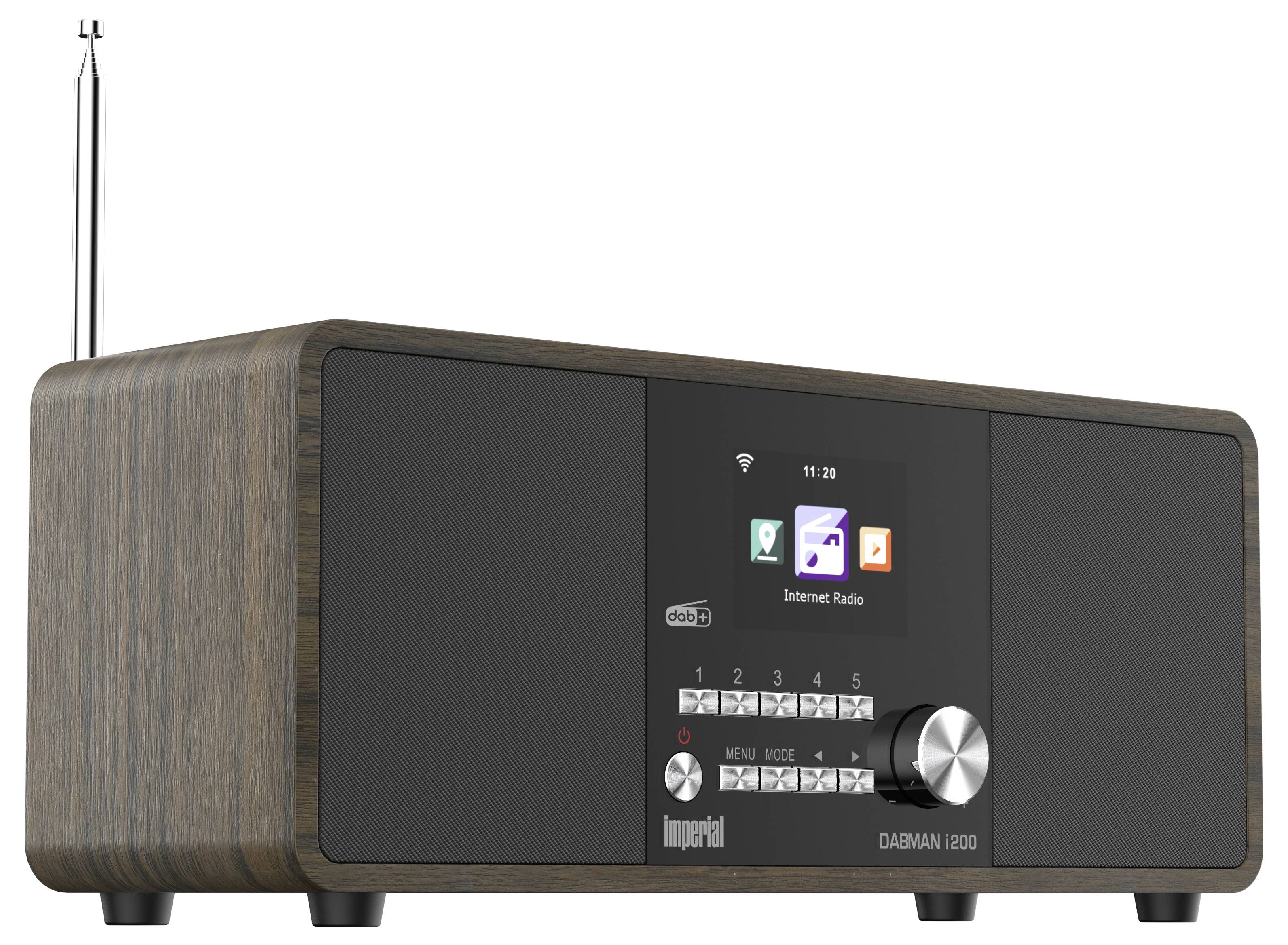 'Imperial Dabman i200' Radio mit Holzverkleidung, Fernbedienung, Antenne und Kabeln. Verpackung im Hintergrund.