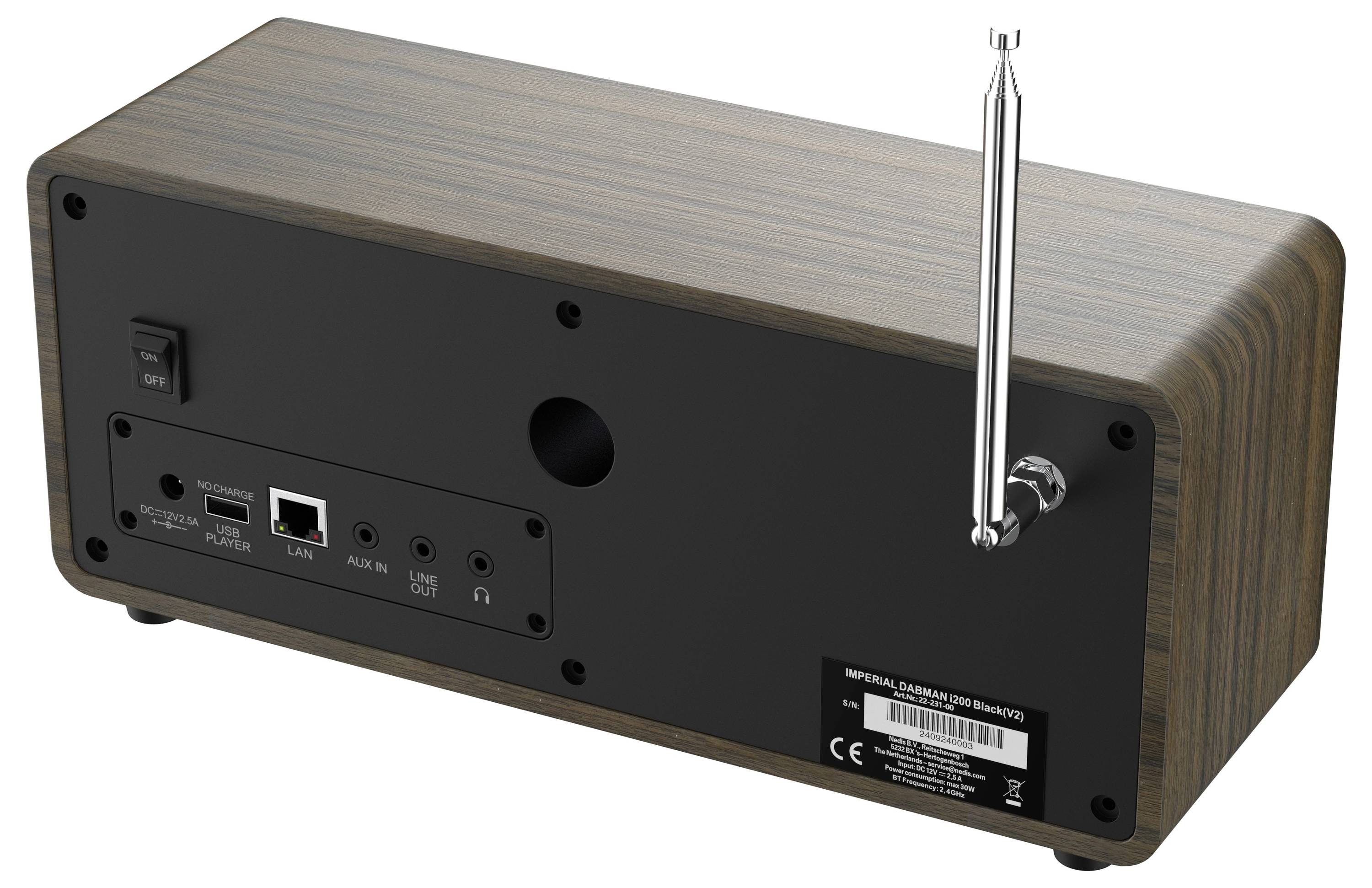 Digitales Radio mit braunem Holzgehäuse. Großes Display zeigt 'STAR/SAT RADIO'. Knöpfe und Tasten zur Senderwahl und Bedienung.