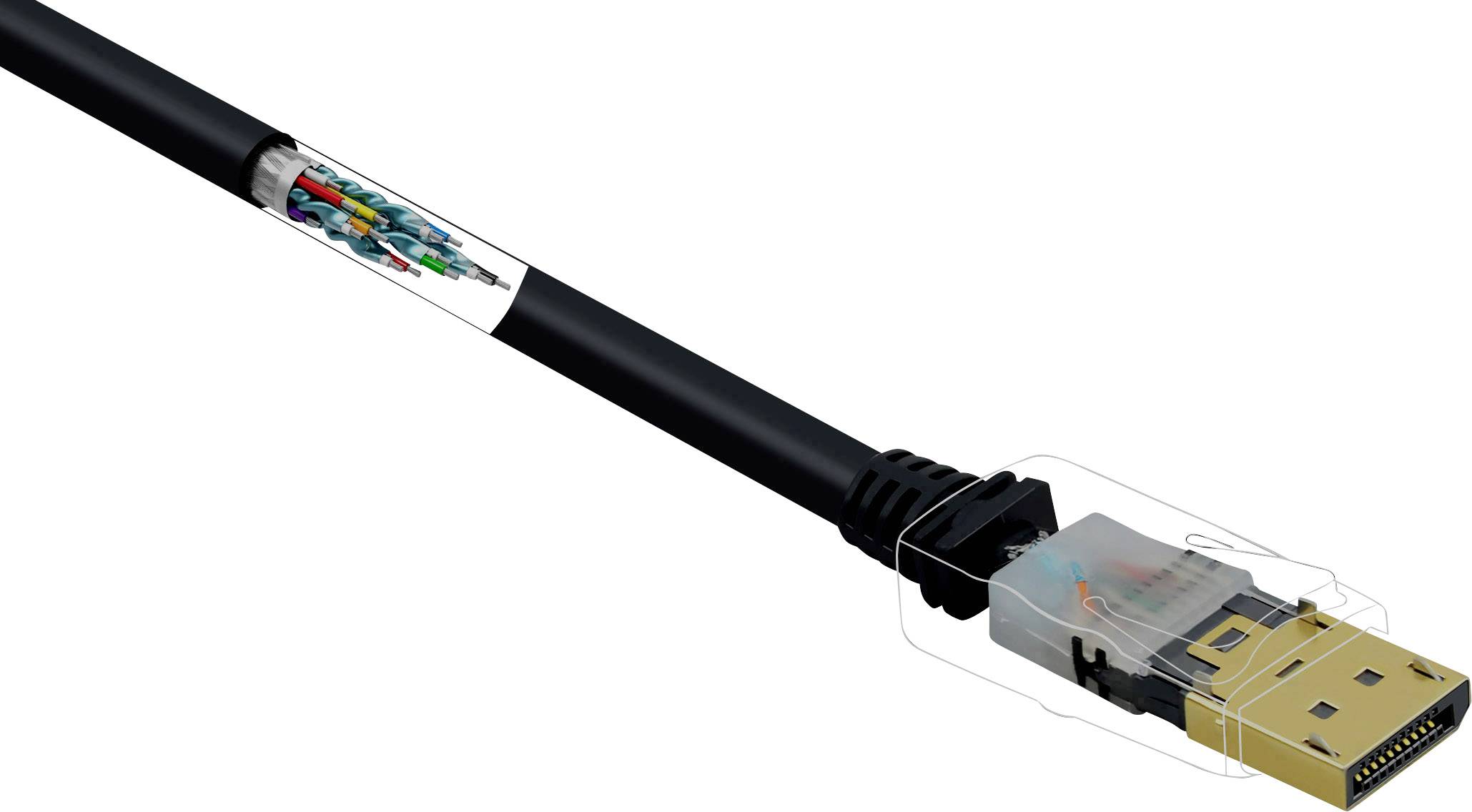 Ein schwarzes Kabel mit abgewinkeltem Stecker und beschriftetem Querschnittsdiagramm, das dessen innere Struktur zeigt.