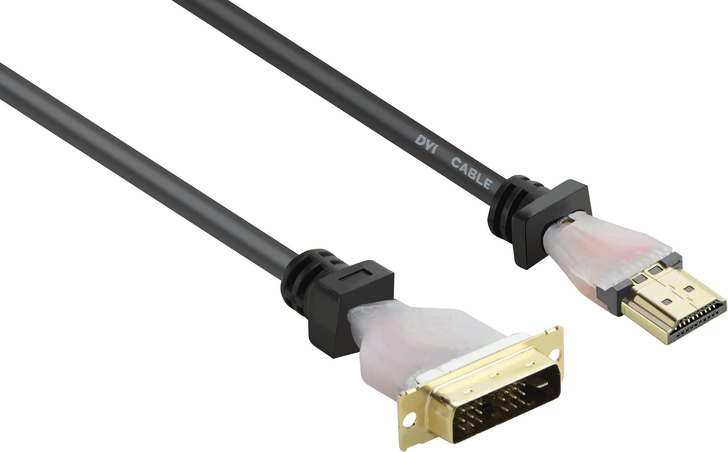 DVI-auf-HDMI-Kabel, schwarzes Kabel mit einem DVI-Stecker auf der einen und einem HDMI-Stecker auf der anderen Seite.