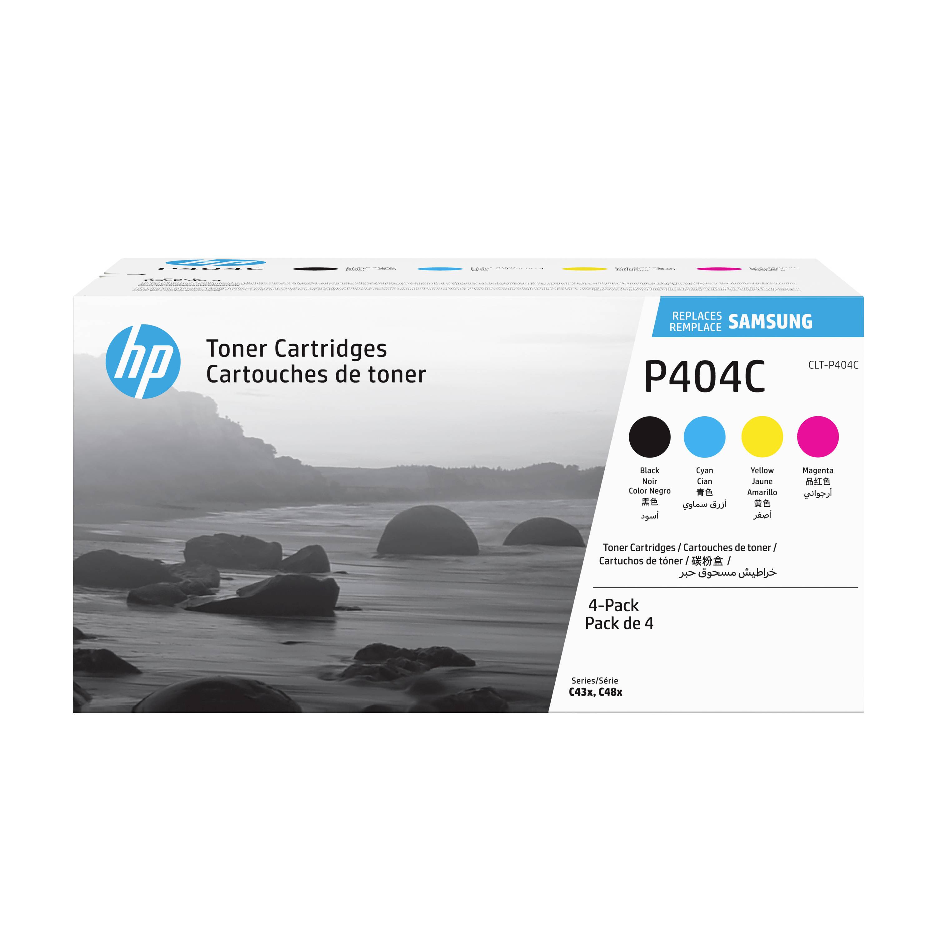 HP Toner-Patronenbox für Samsung P404C, 4er-Pack mit schwarzen, cyan-, gelben und magentafarbenen Patronen.