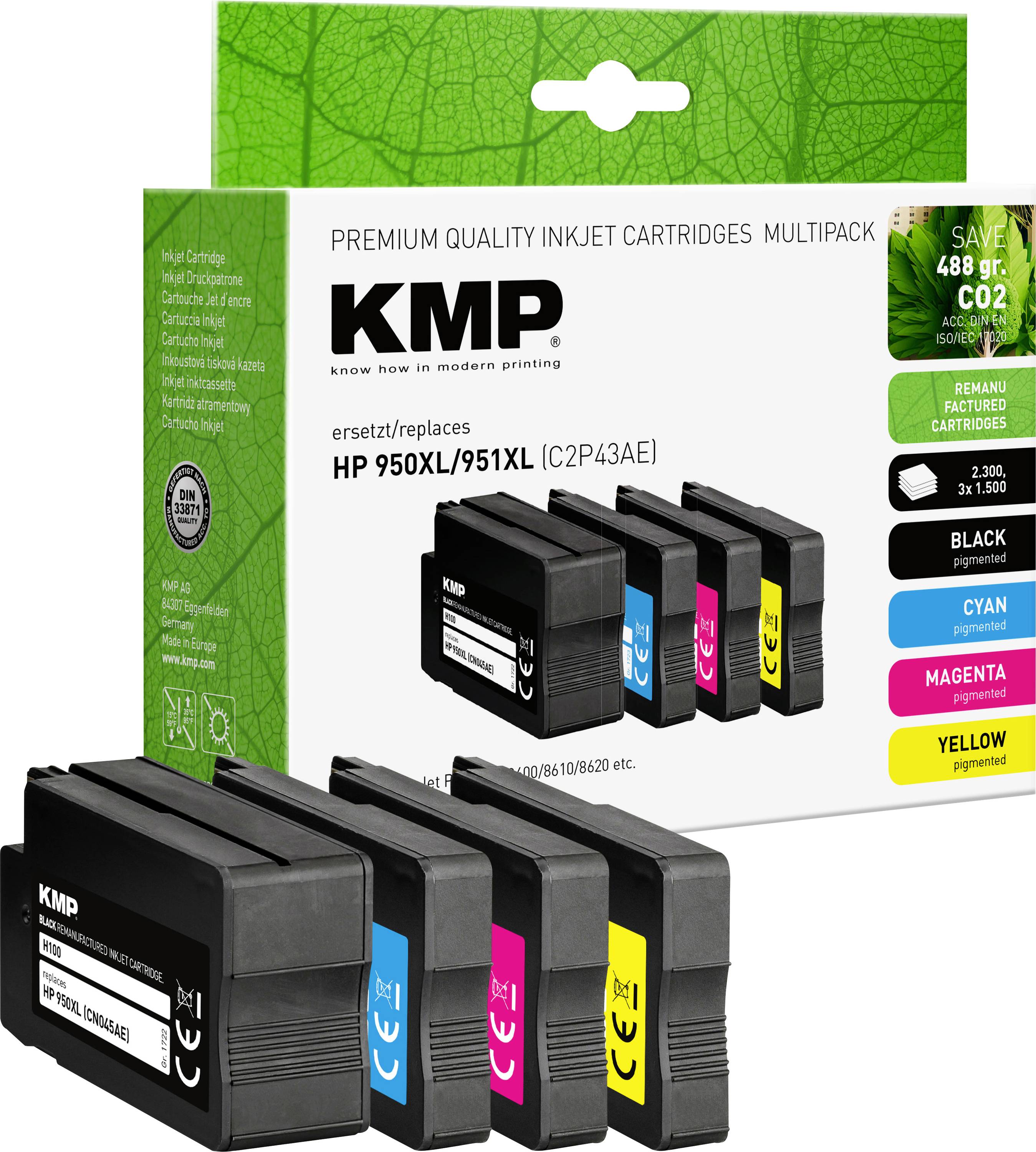 KMP Tintenpatronen Multipack für HP 950XL/951XL, enthält Schwarz, Cyan, Magenta und Gelb. Verpackung betont Umweltschonung.