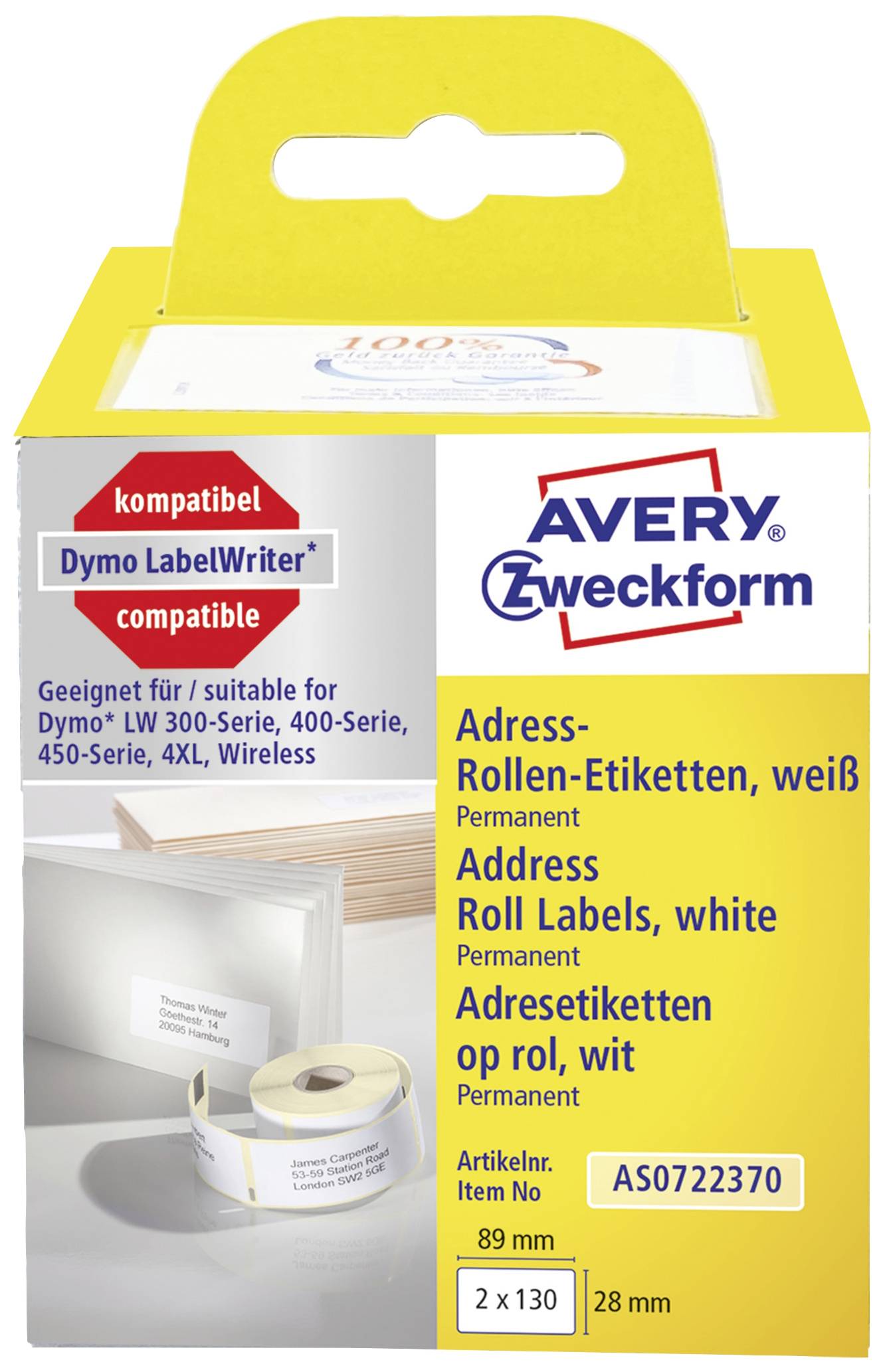 Paket mit Avery Zweckform Adressrollenetiquetten, weiß, kompatibel mit Dymo LabelWriter, Art.-Nr. AS0722370, 89 mm x 28 mm.