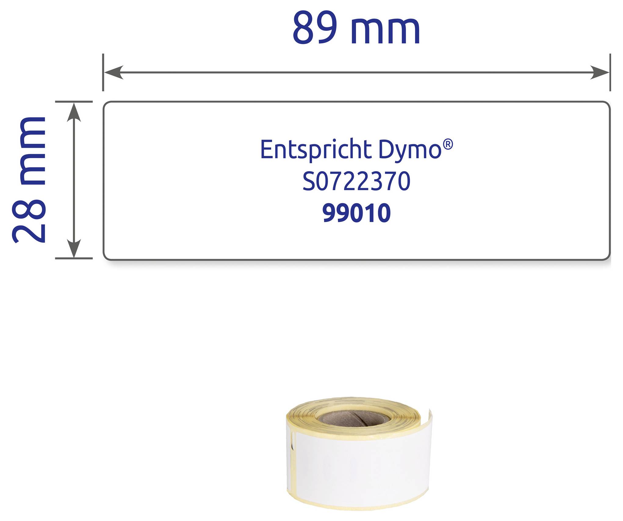 Grafik eines Etikettenformats: Rechteck 89 mm breit und 28 mm hoch, mit Text 'Entspricht Dymo® S0722370 99010'; unten eine Etikettenrolle.