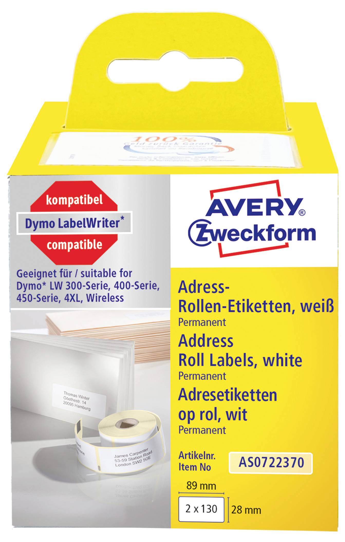 AVERY Zweckform weiße permanent haftende Adressrollen-Etiketten, kompatibel mit Dymo LabelWriter, 89 mm x 28 mm, 2 x 130 Etiketten.