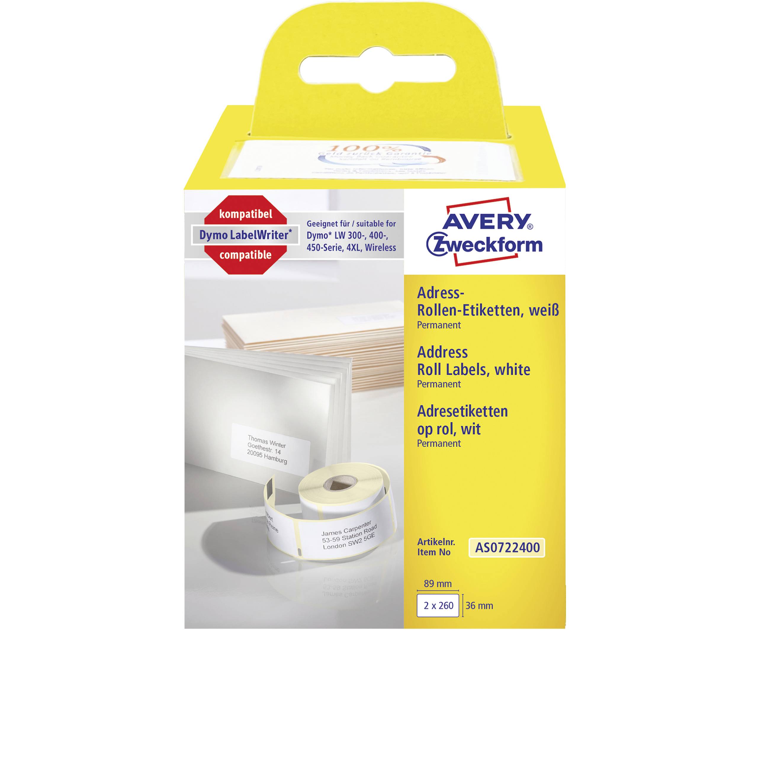 Avery-Zweckform Etiketten Rolle Kompatibel ersetzt DYMO, Seiko 99012, S0722400 89 x 36mm Papier Weiß 520 St. Permanent haftend