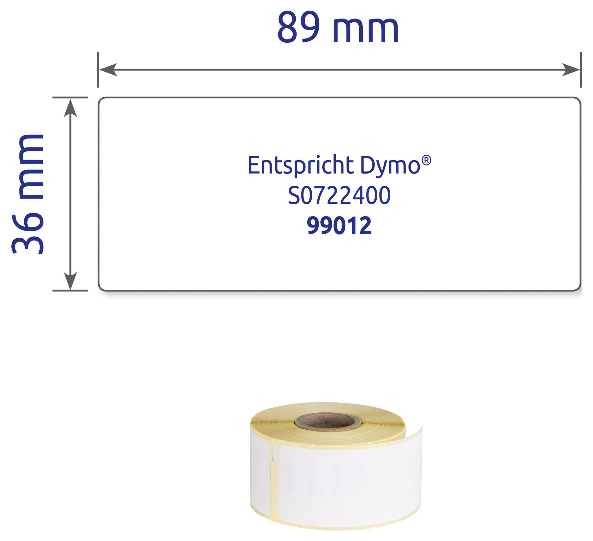 Etikettenrolle mit 89 x 36 mm; kompatibel mit Dymo, Aufdruck 'Entspricht Dymo® S0722400 99012'.