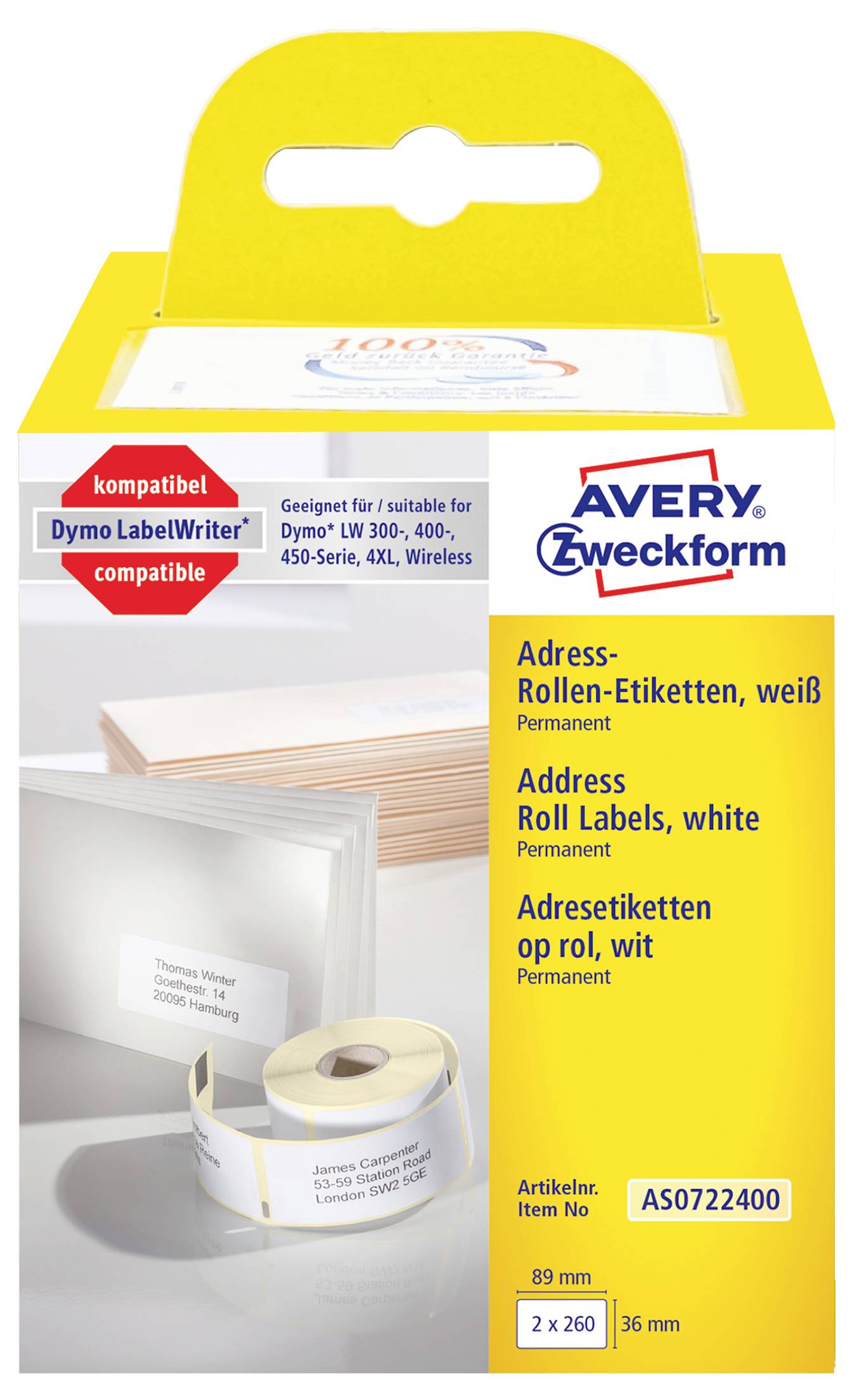 Produktpaket für AVERY Zweckform weiße permanente Adressrollen-Etiketten, kompatibel mit Dymo LabelWriter und 89 mm x 36 mm, 2 x 260 Etiketten, Artikel AS0722400.