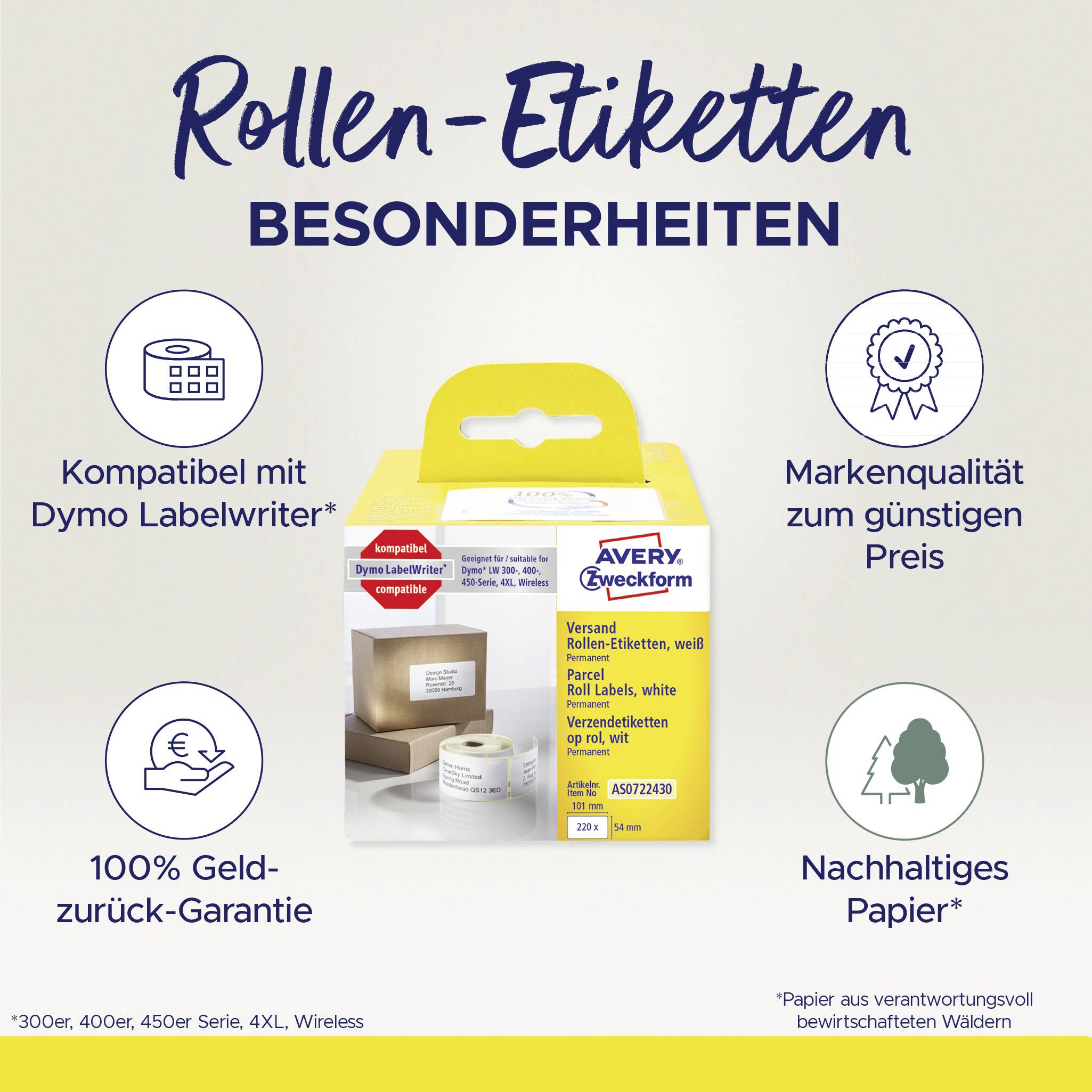 Avery-Zweckform Etiketten Rolle Kompatibel ersetzt DYMO, Seiko 99014, S0722430 101 x 54mm Papier Weiß 220 St. Permanent haftend