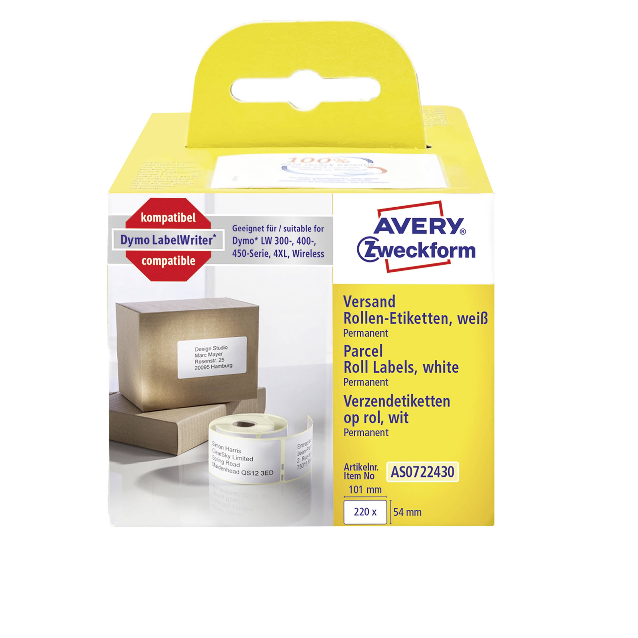 Avery-Zweckform Etiketten Rolle Kompatibel ersetzt DYMO, Seiko 99014, S0722430 101 x 54mm Papier Weiß 220 St. Permanent haftend