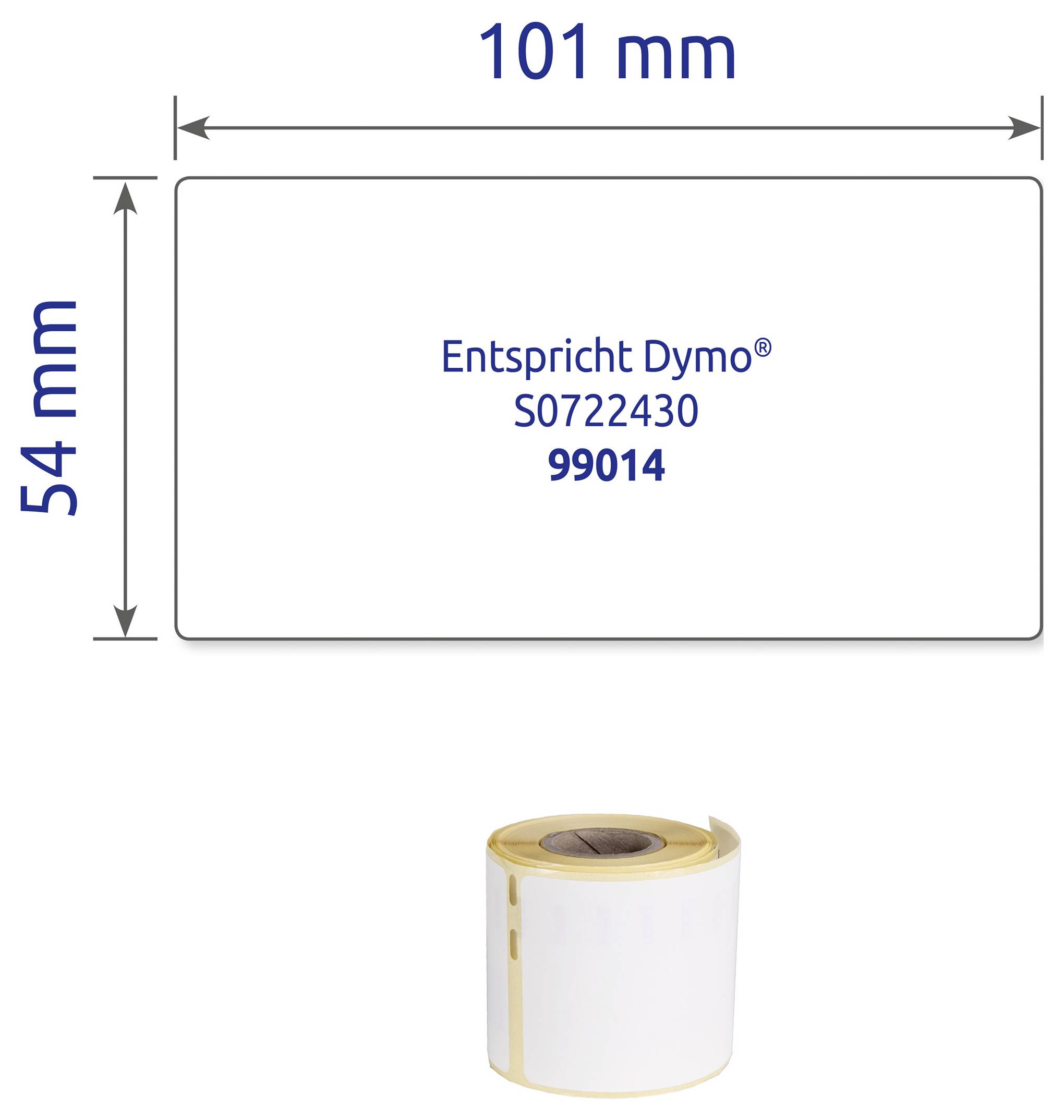 Maßskizze einer Etikettenrolle: 101 mm breit und 54 mm hoch, passend für Dymo S0722430 bzw. 99014; unten ist die Rolle abgebildet.