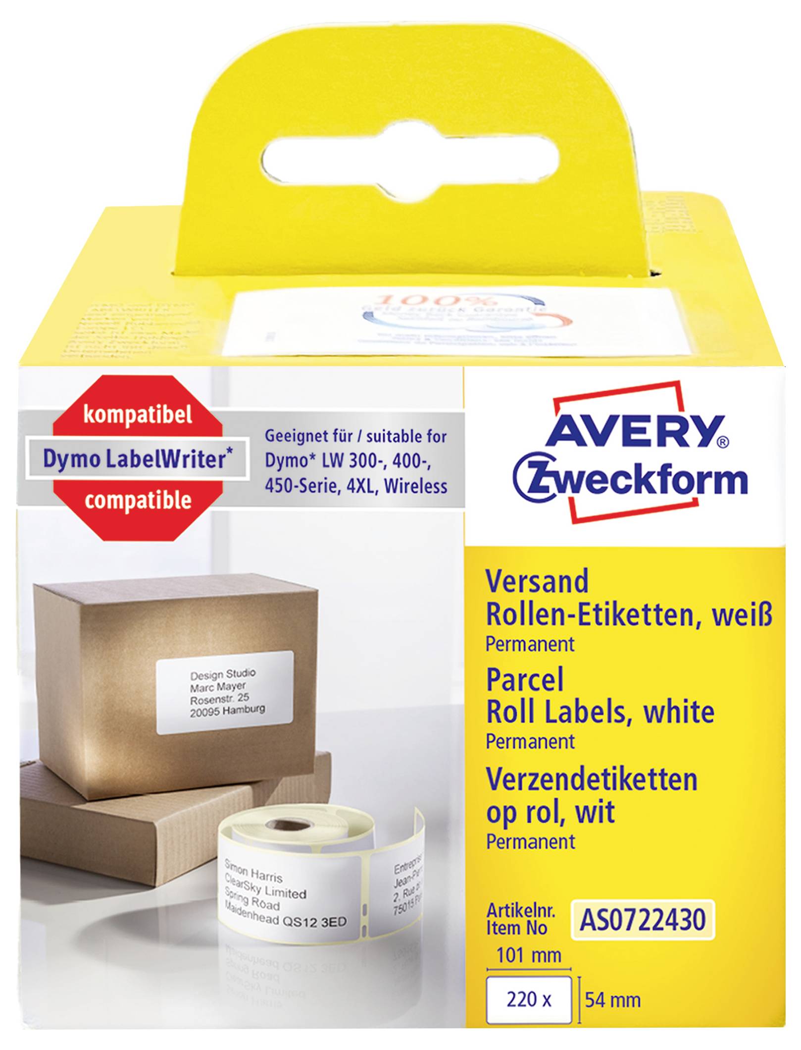 Avery Zweckform weiße permanente Paketrolletiketten Paket für Dymo LabelWriter Drucker, mit einem Foto von Etikettenrollen und einem Versandkarton